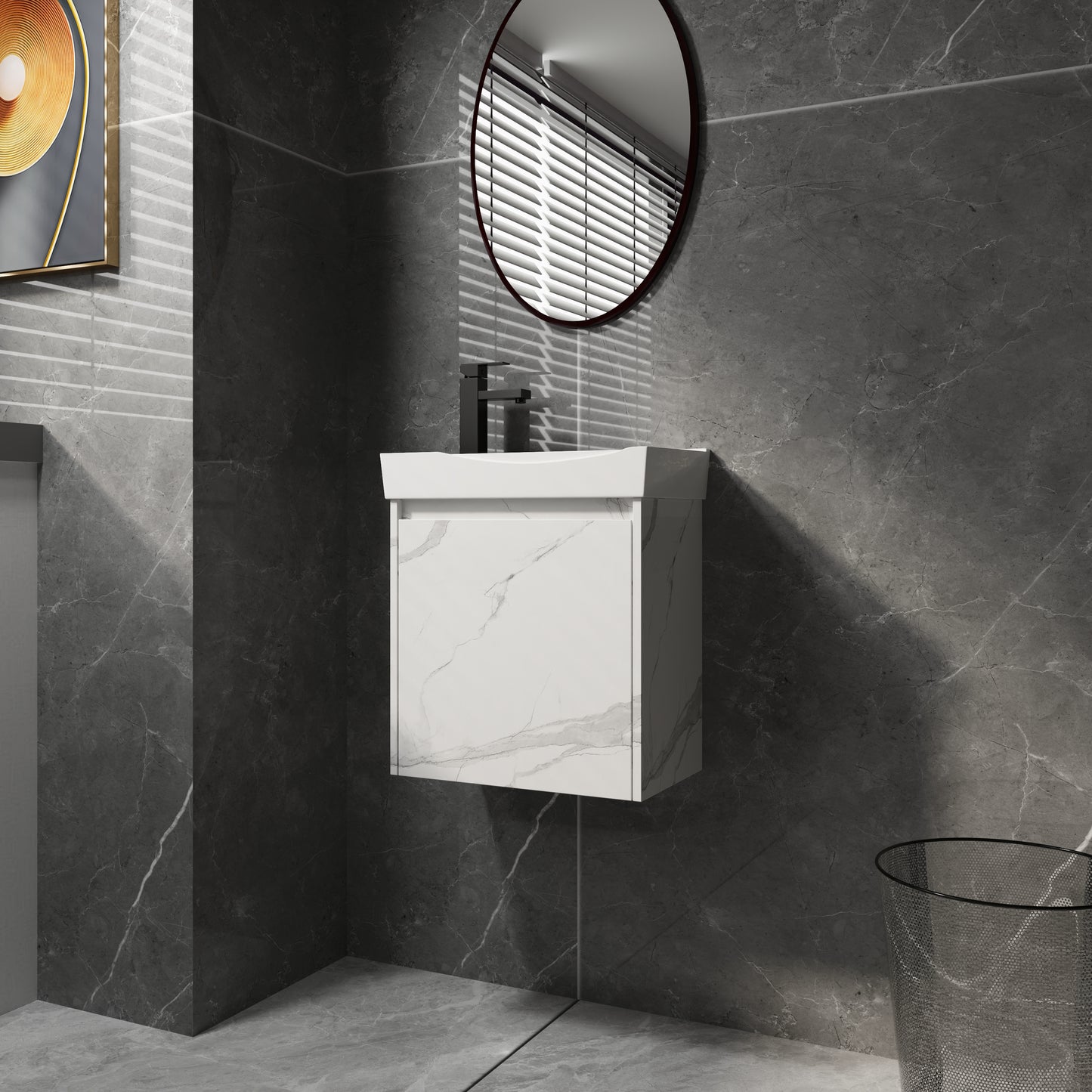 White marble vanity with black faucet
