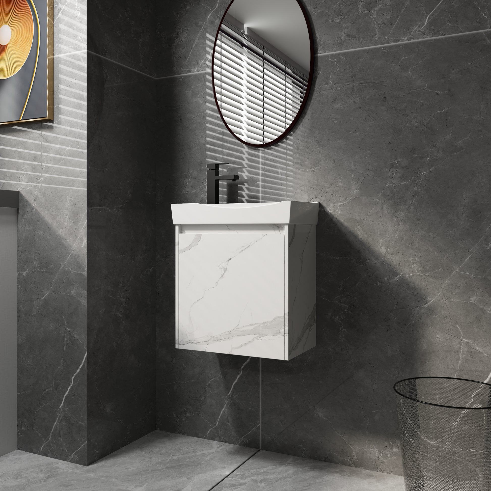 White marble vanity with black faucet
