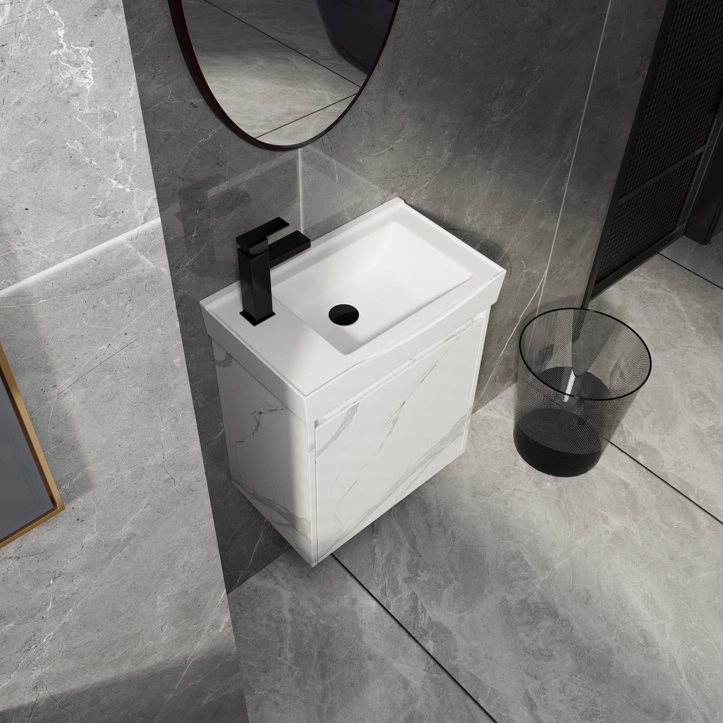 Modern white ceramic sink with black faucet on marble vanity