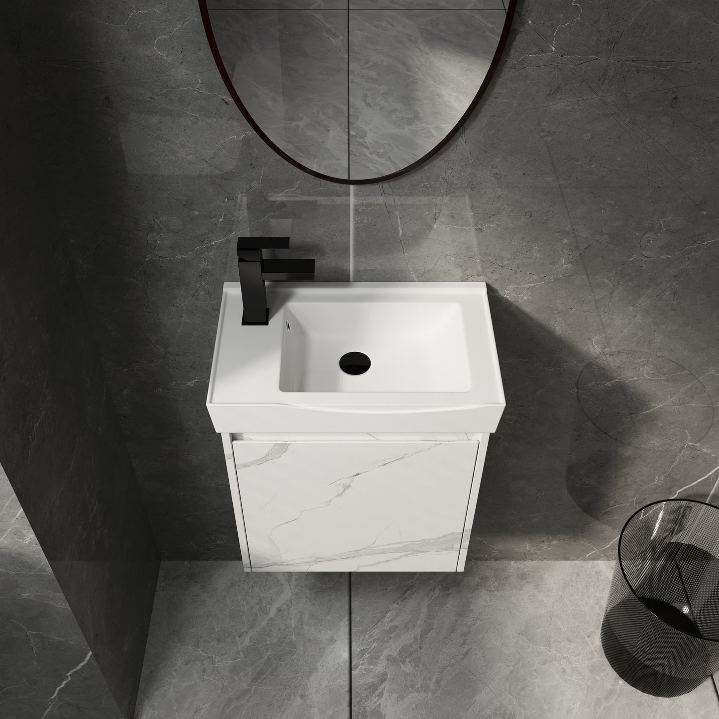 White ceramic wallmounted vanity with marble effect door and black faucet