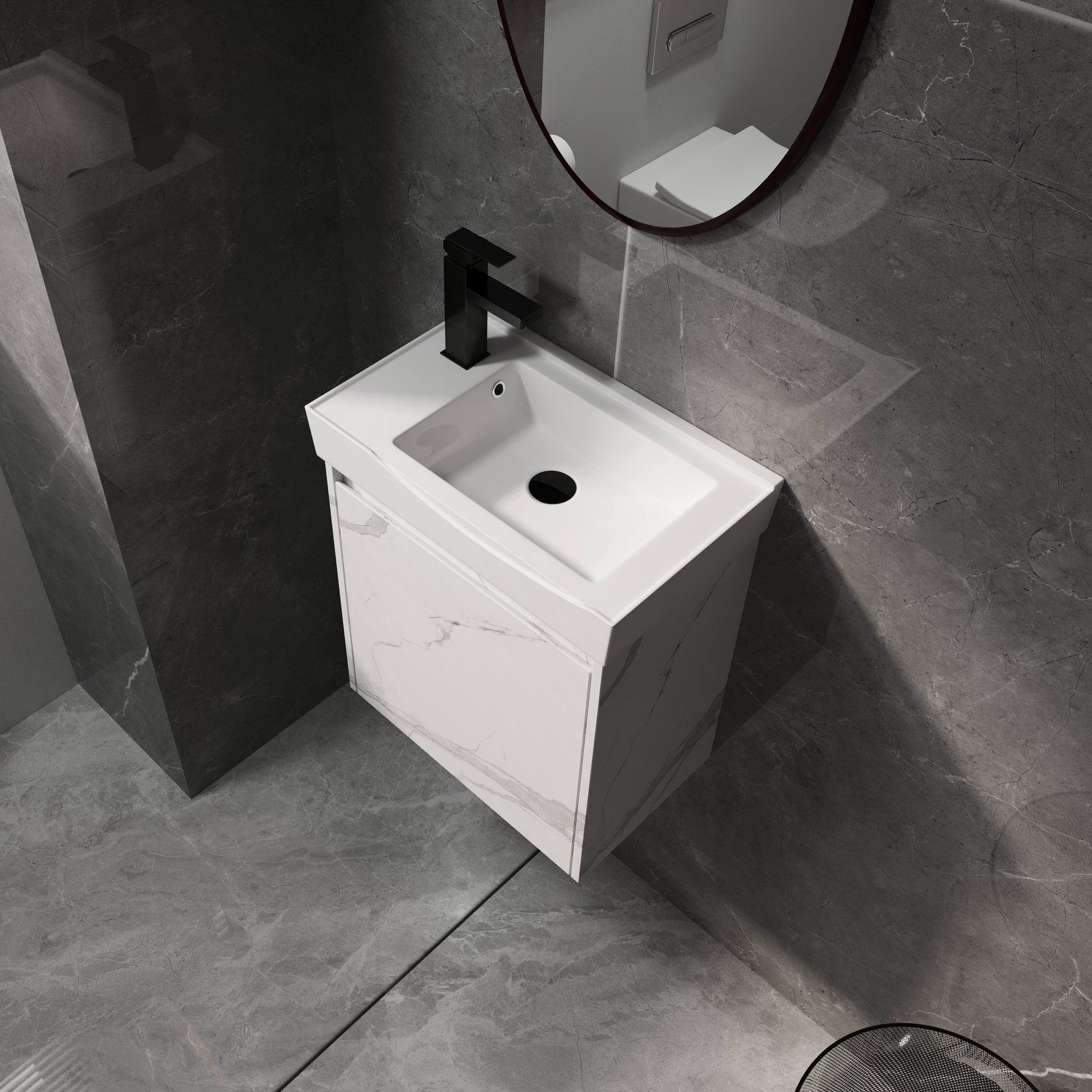 White ceramic bathroom vanity sink with faux marble finish and black faucet
