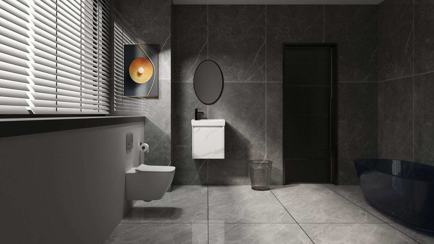 Modern white wallmounted toilet with chrome flush plate and toilet paper holder