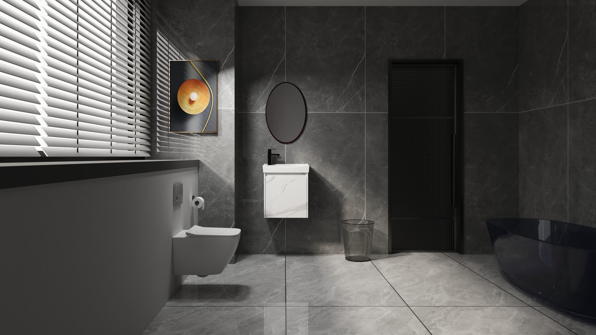 Modern white wallmounted toilet with chrome flush plate and toilet paper holder