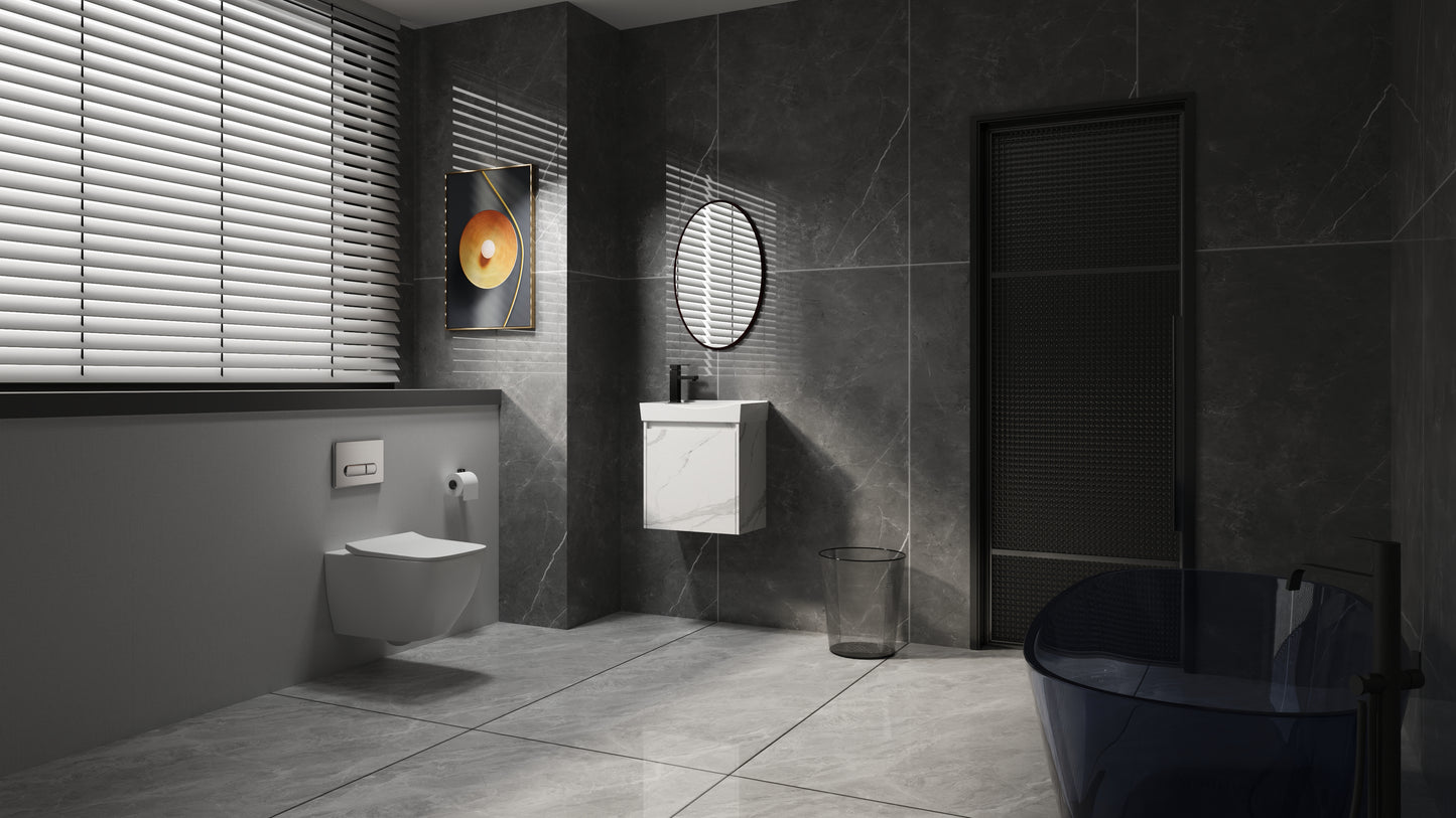 Modern white wallmounted vanity with marbleeffect finish and chrome faucet
