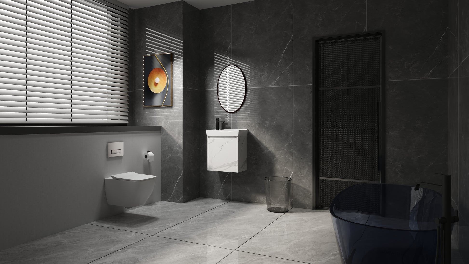Modern white wallmounted vanity with marbleeffect finish and chrome faucet