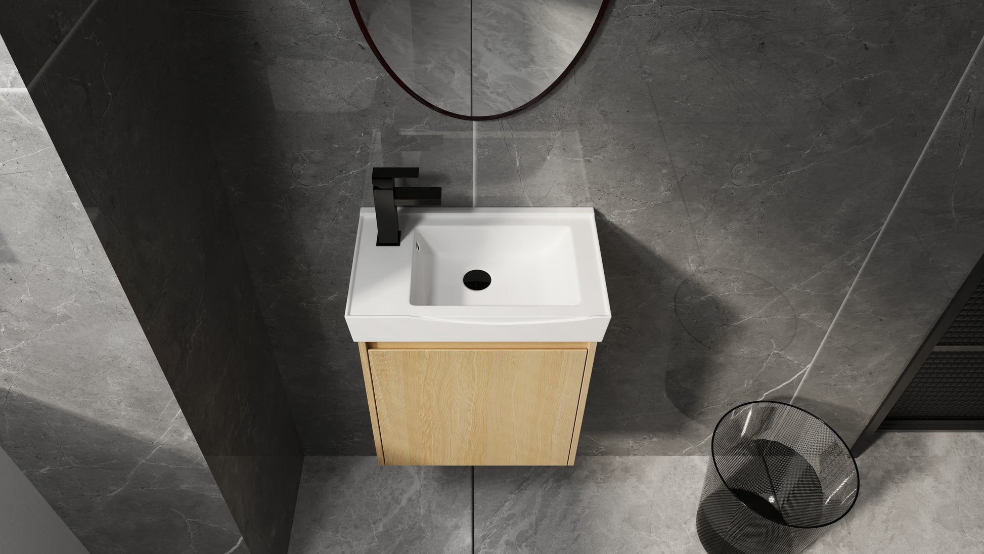 White ceramic wallmounted sink with light wood cabinet and black faucet