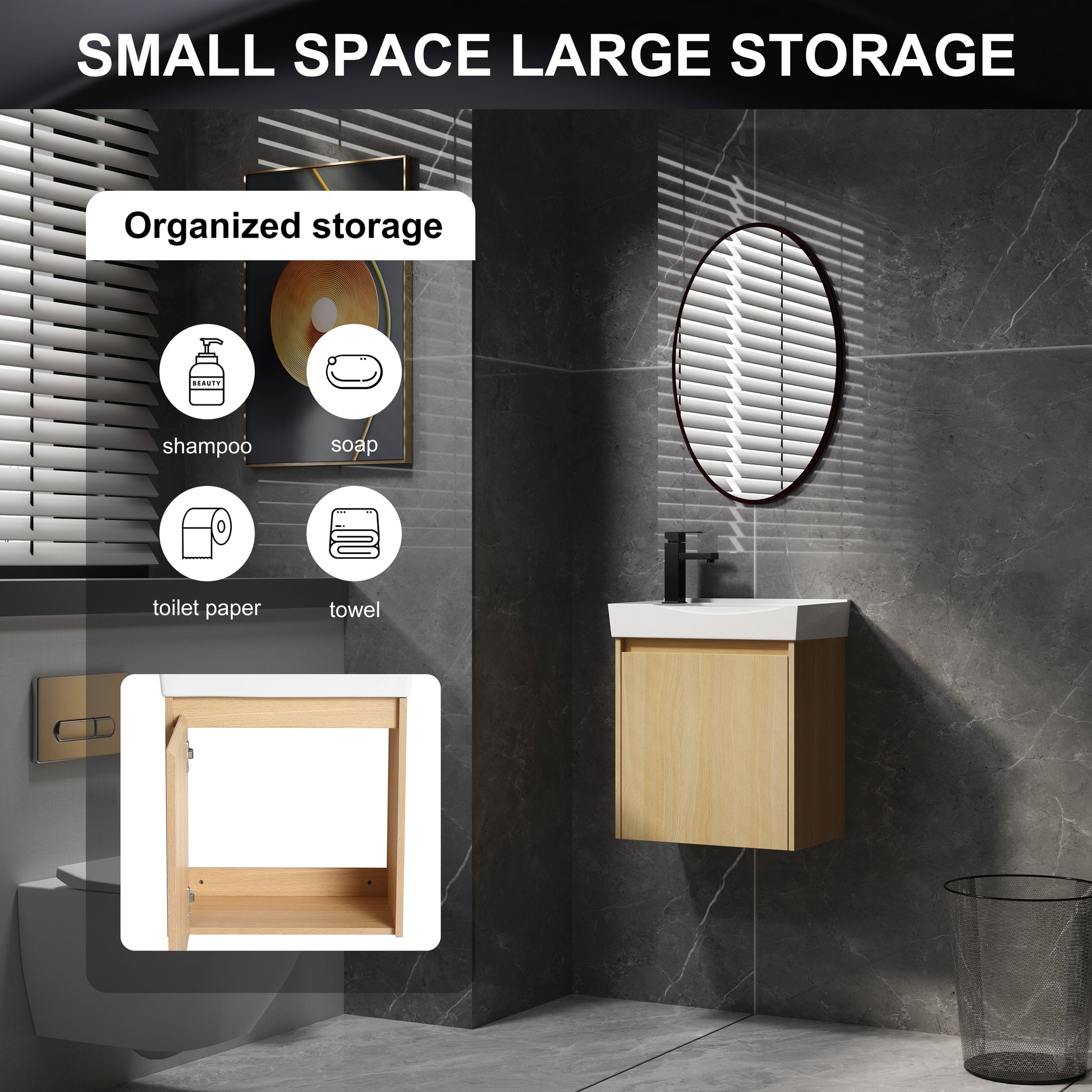 Modern light oak vanity with white sink and black faucet
