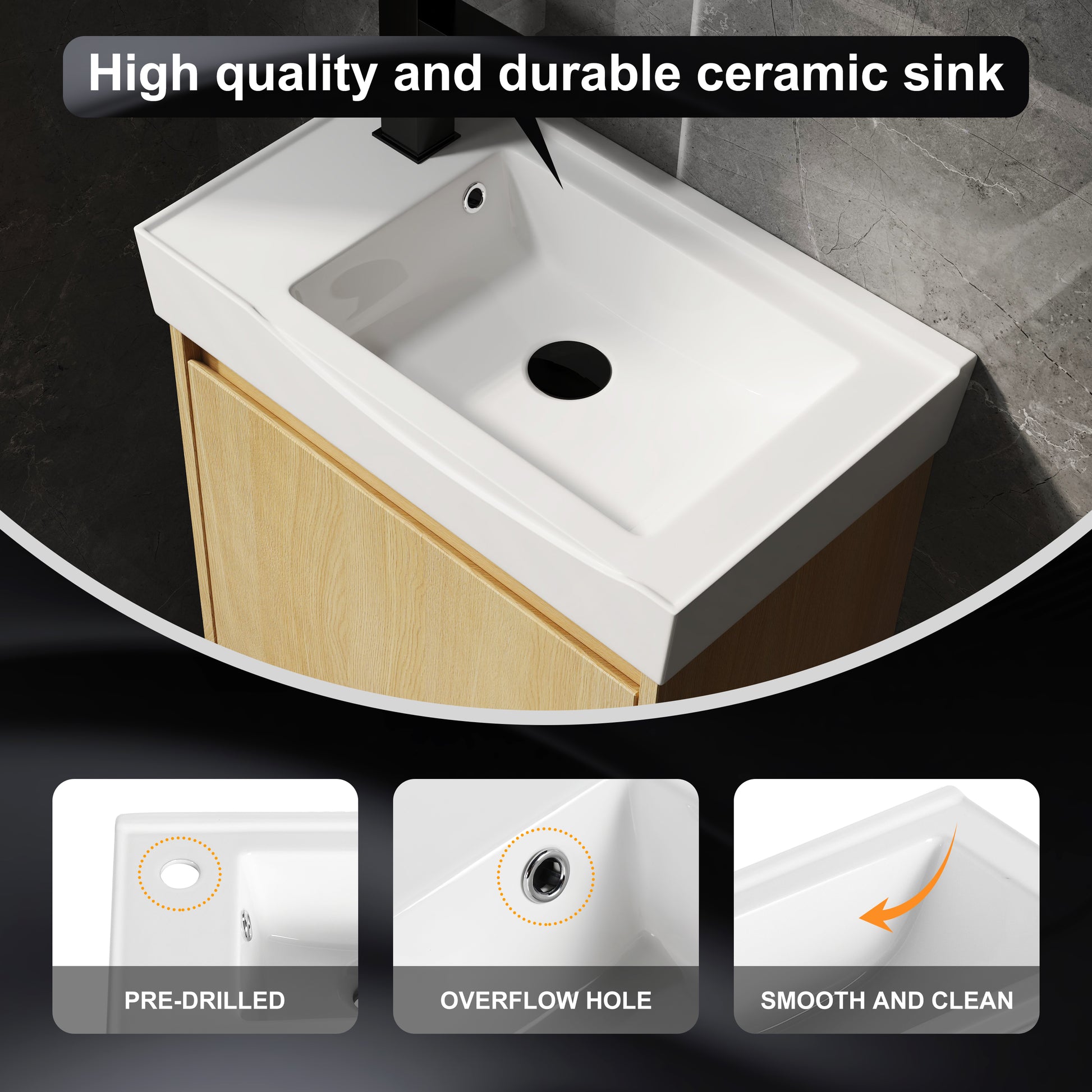 White ceramic sink with predrilled faucet holes