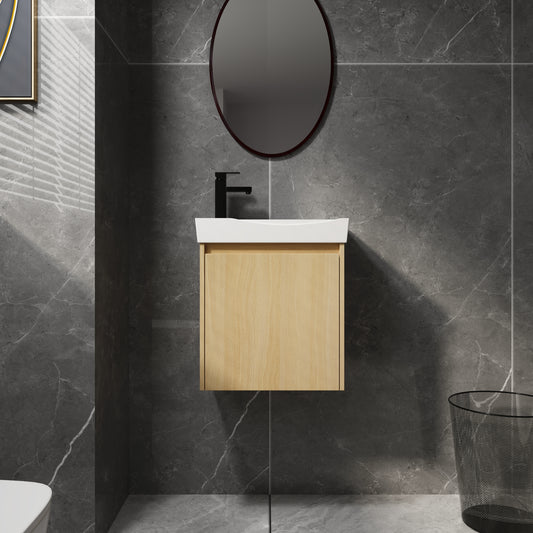 Modern light wood vanity with white sink and black faucet