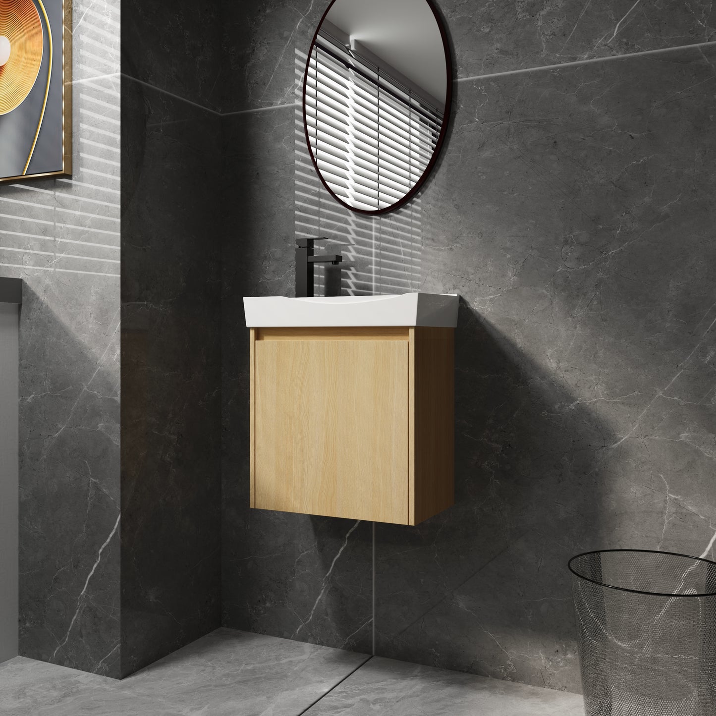 Modern wallmounted oak vanity with white ceramic sink and black faucet