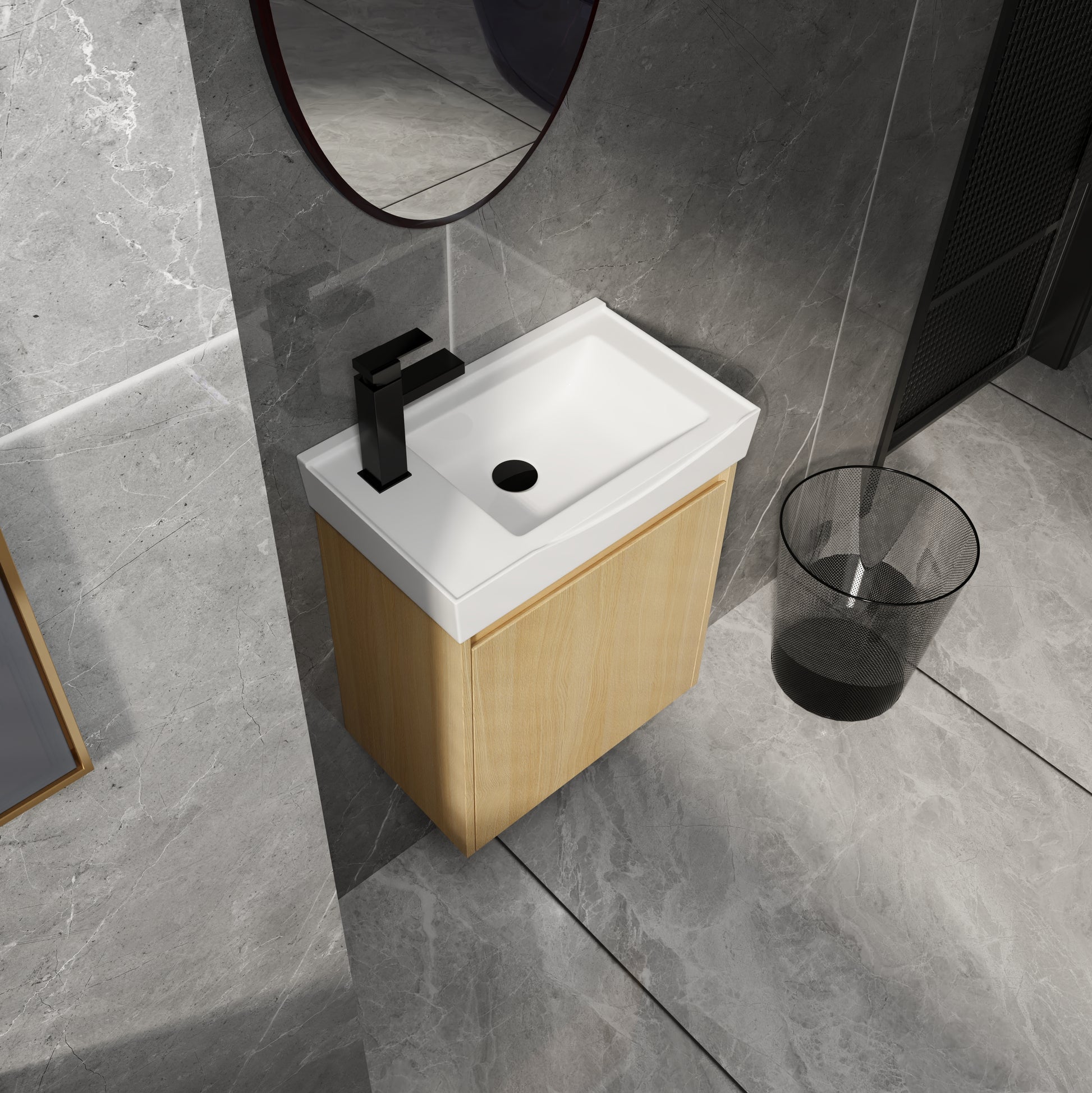 Modern white basin with wood vanity cabinet and black faucet