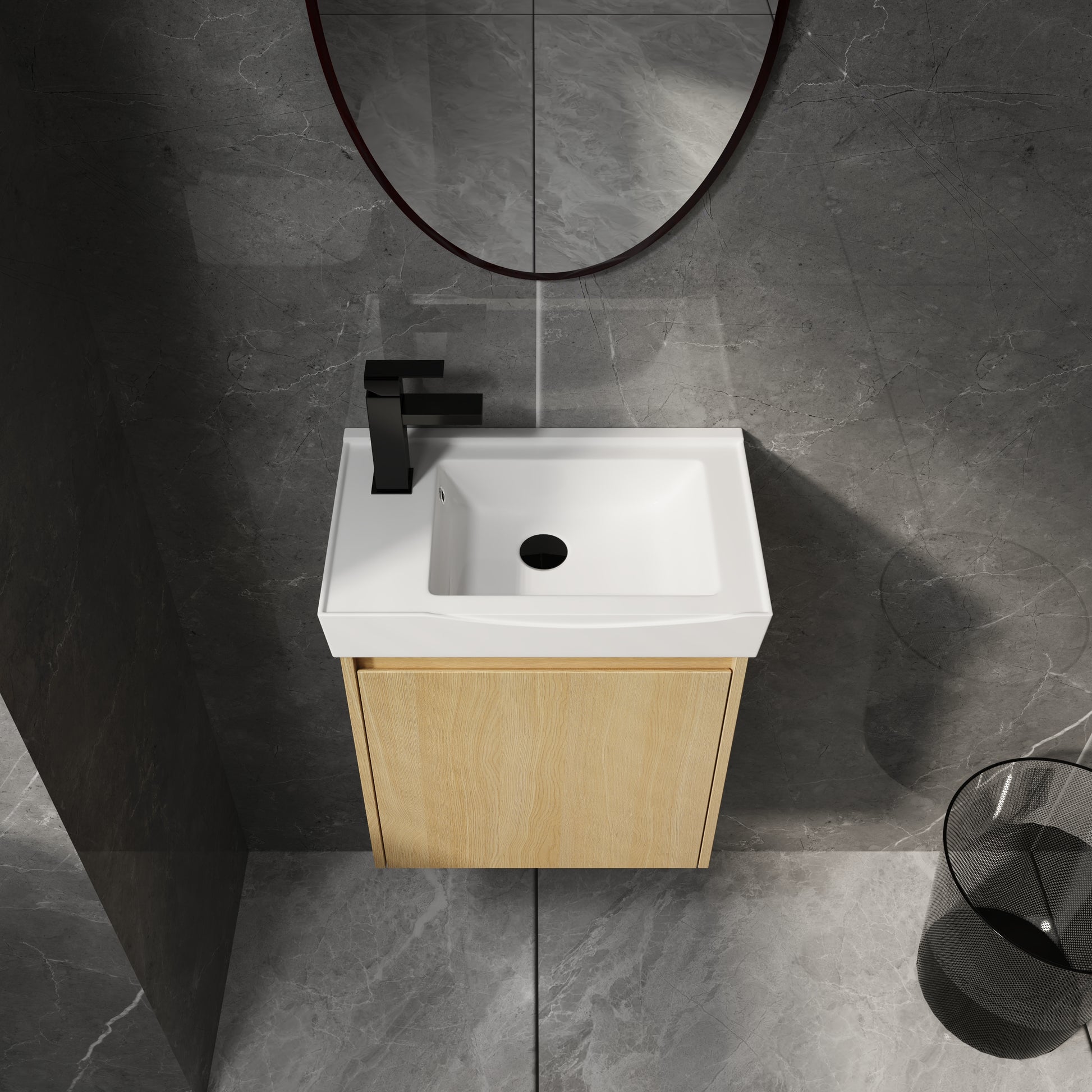 Modern white ceramic wallmount sink with a black faucet and light wood cabinet