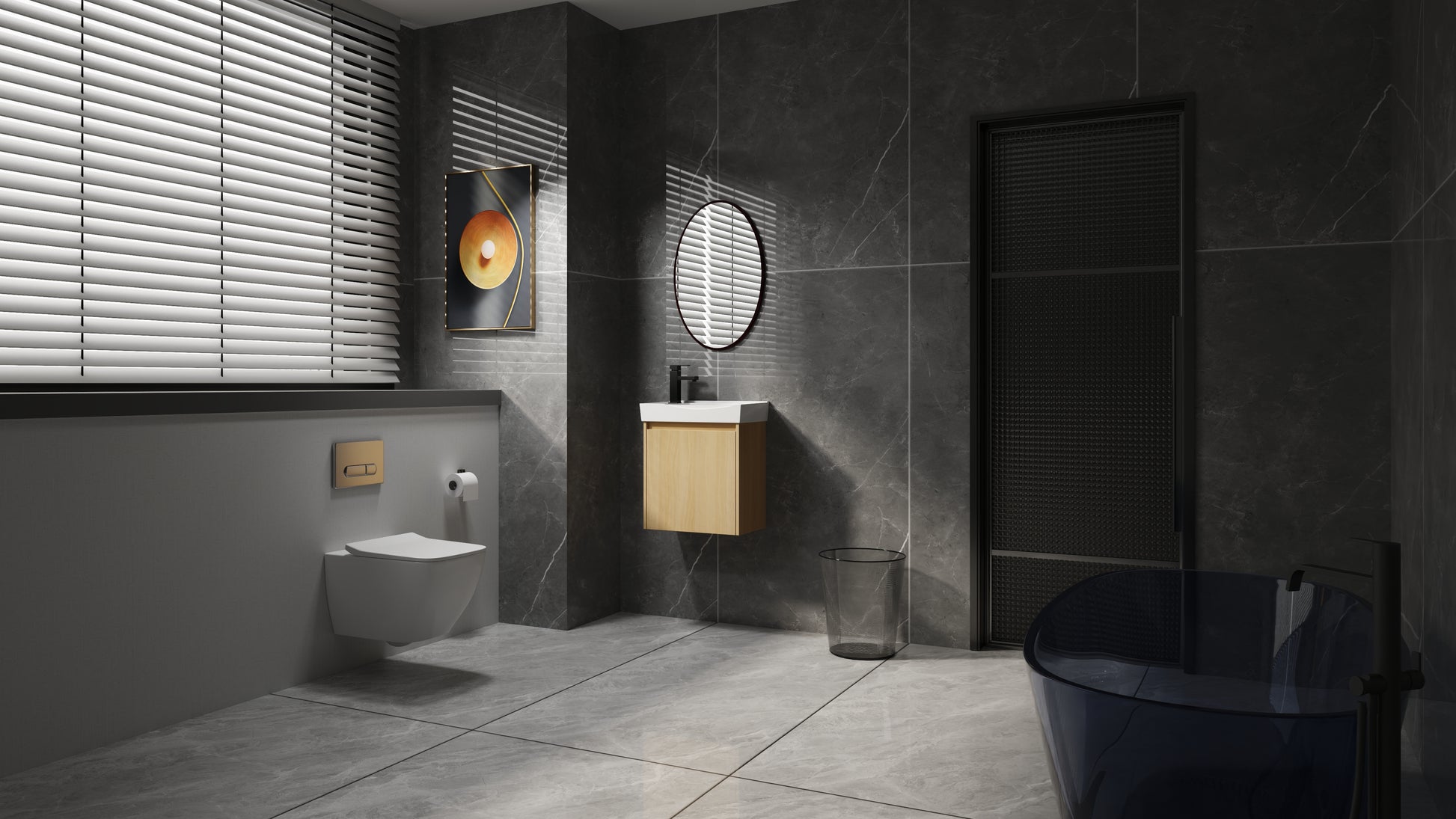 Modern floating bathroom vanity with wooden drawers and white countertop