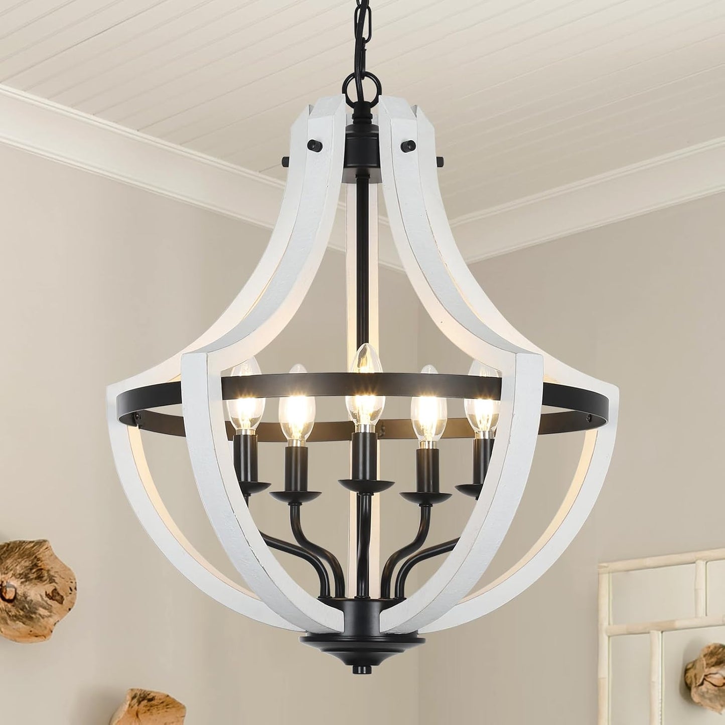 Rustic white wood and black metal light farmhouse chandelier