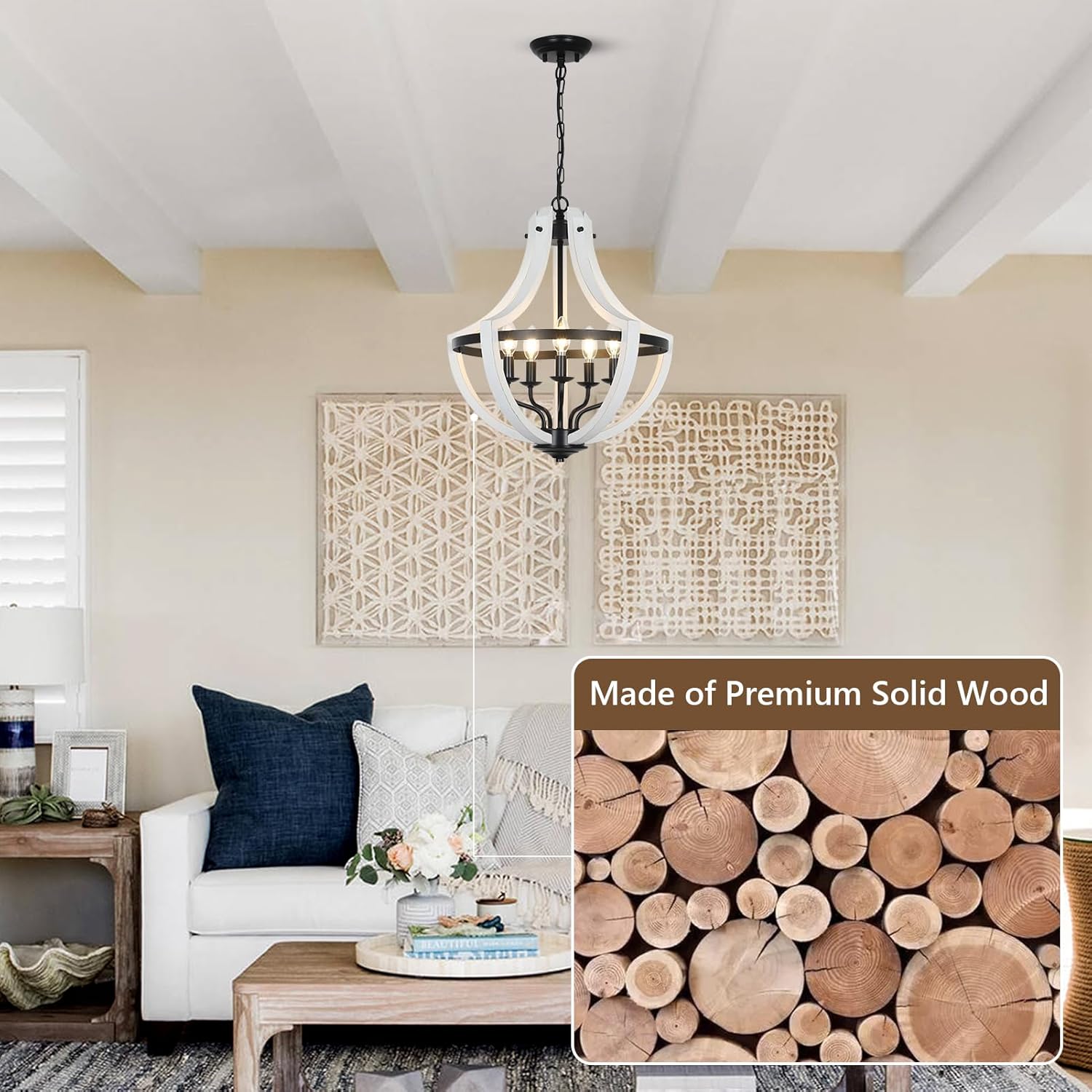 White and black farmhouse chandelier with wood accents