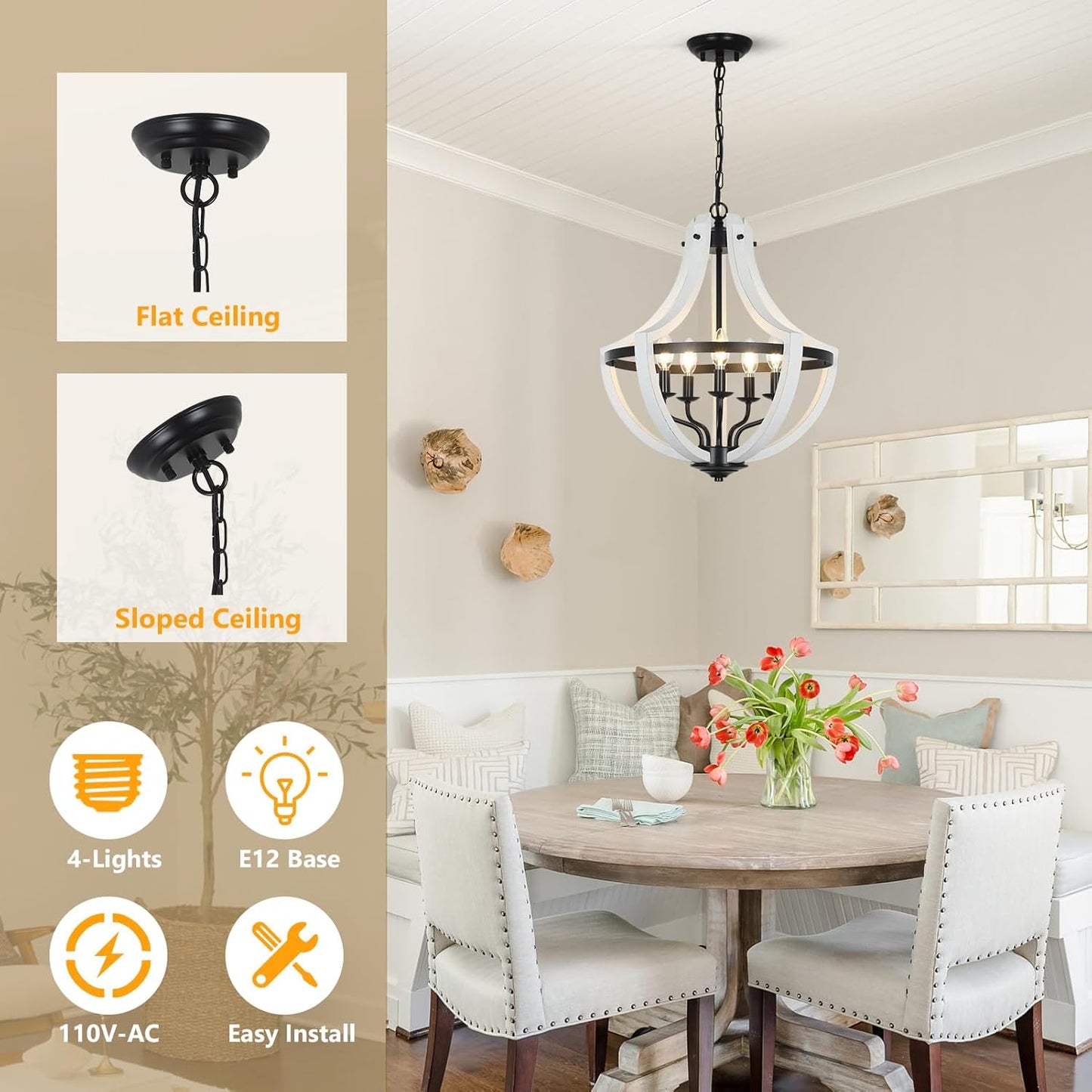 White and black light farmhouse chandelier with wood accents