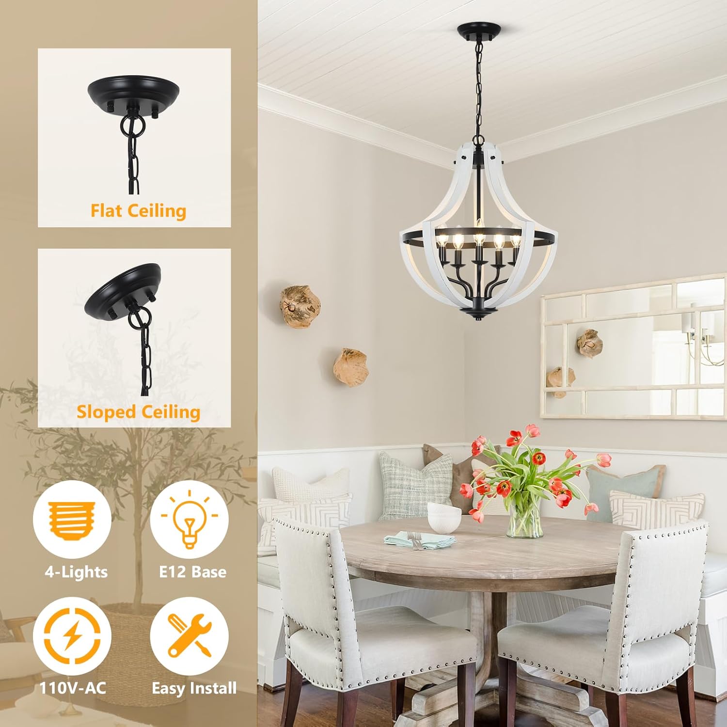 White and black light farmhouse chandelier with wood accents