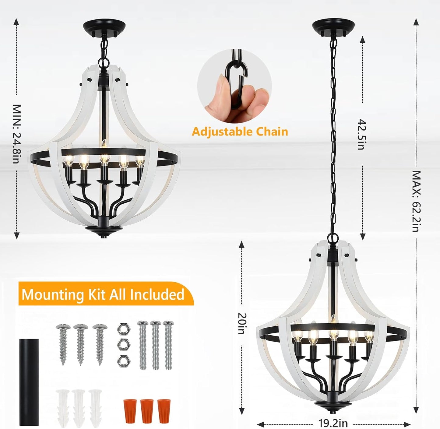 White farmhouse chandelier with black metal accents and  lights
