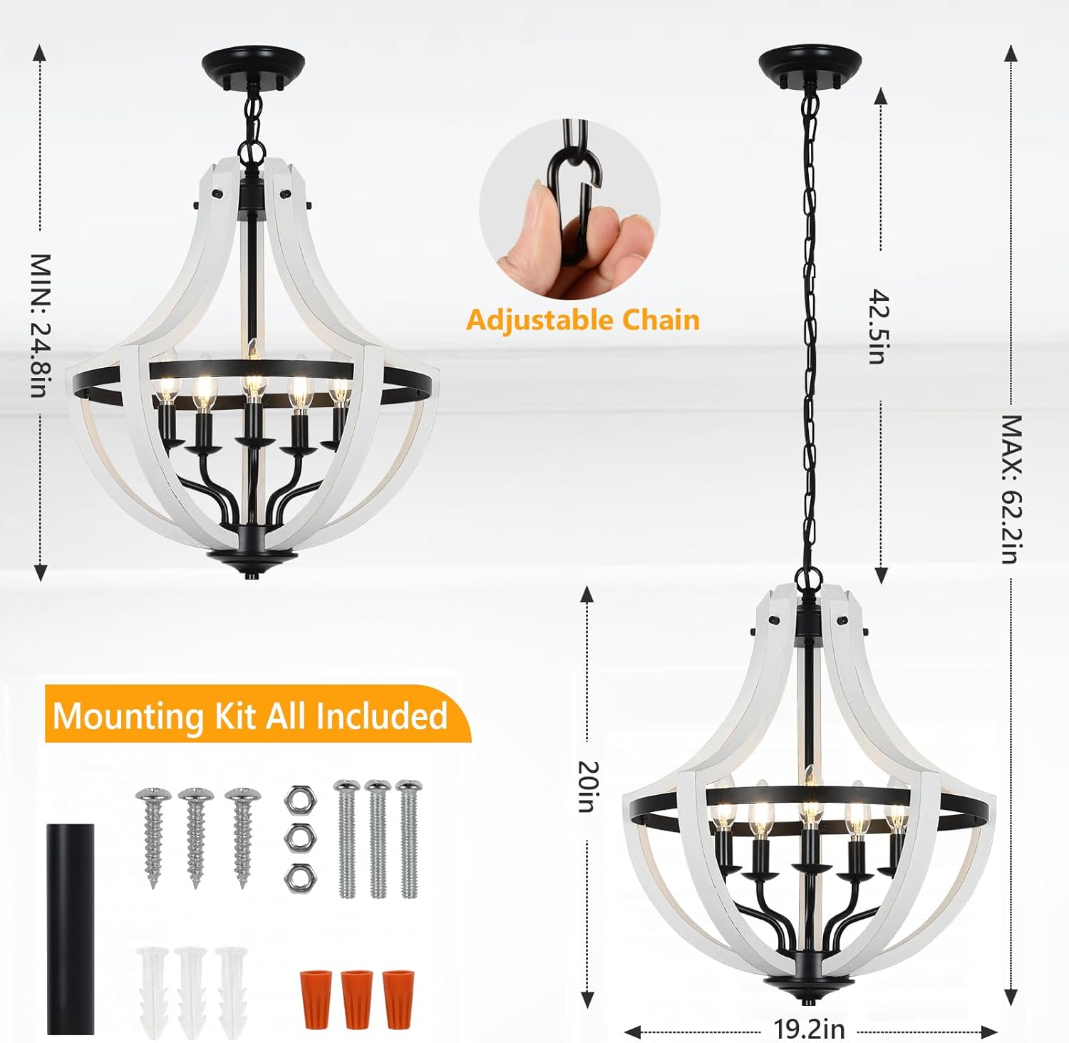 White farmhouse chandelier with black metal accents and  lights
