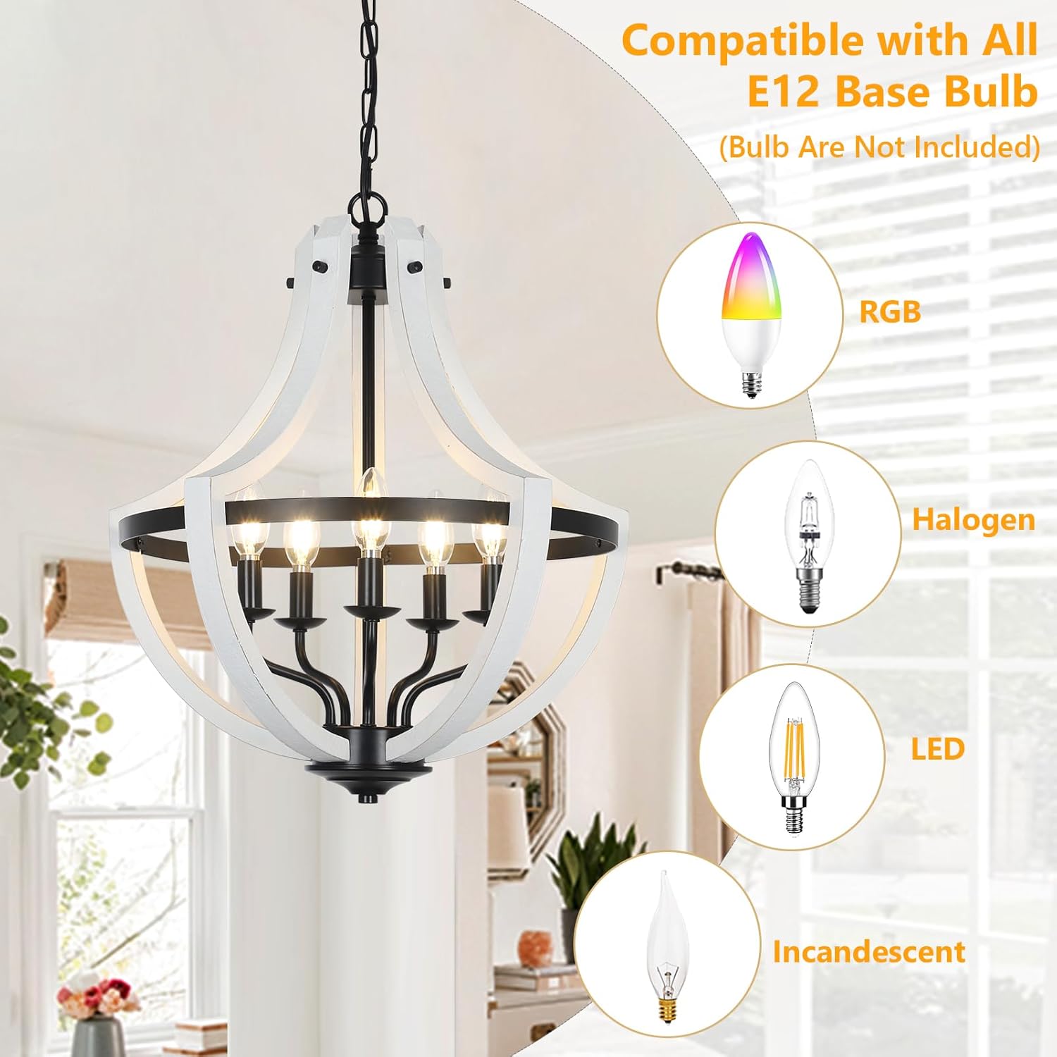White and black farmhouse chandelier with curved wood accents and E base bulbs