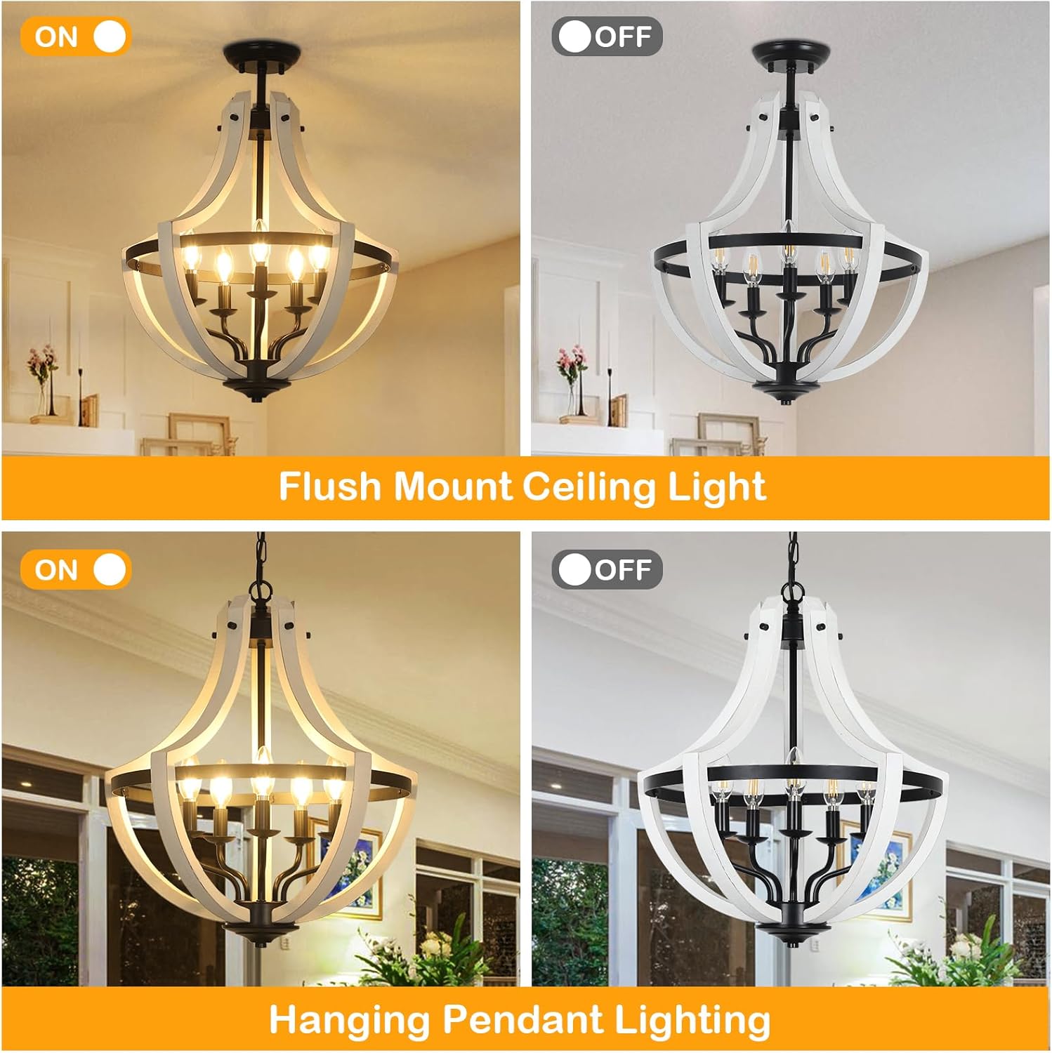 Farmhouse flush mount ceiling light with white wood and black metal accents