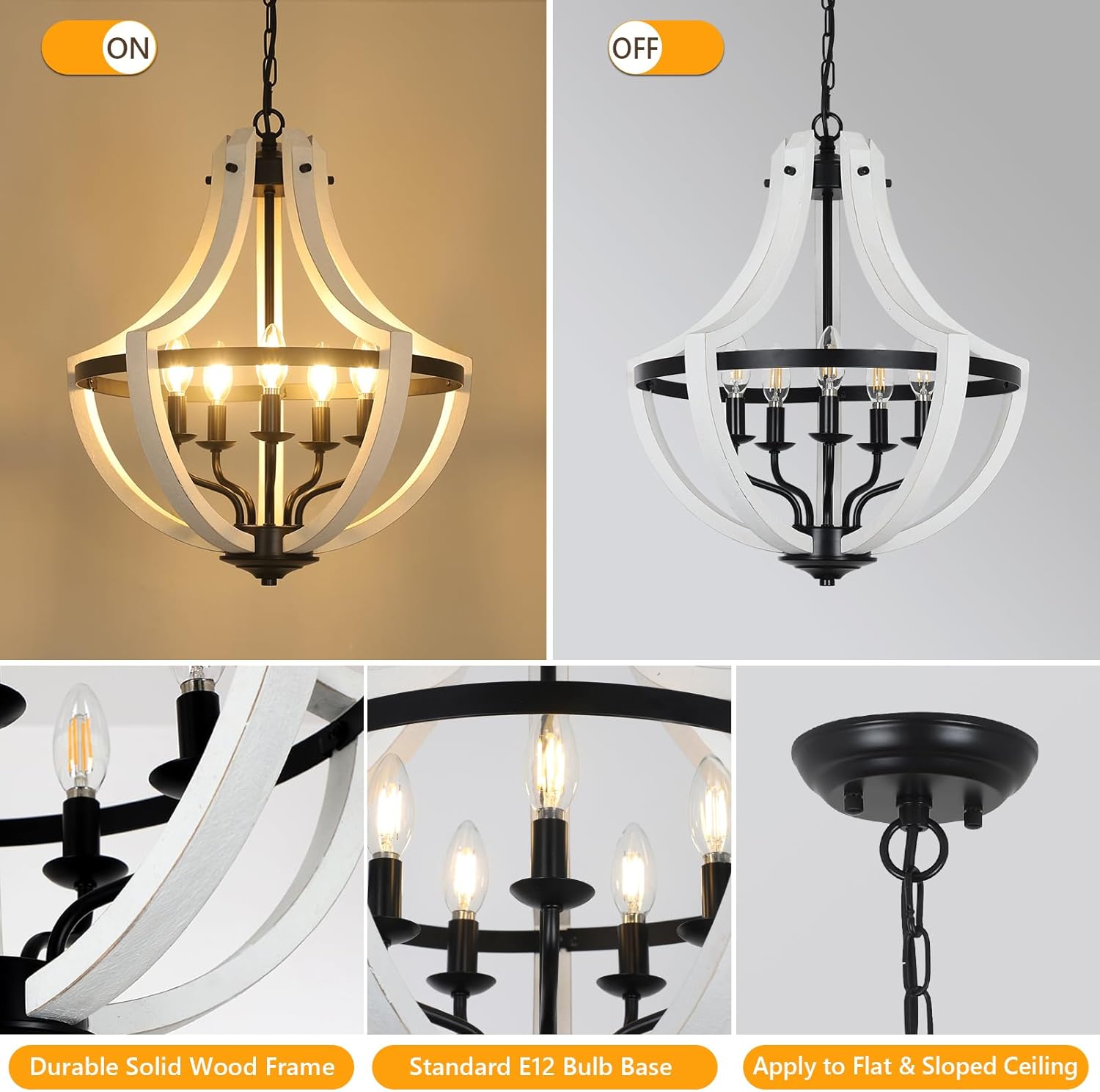 Farmhouse chandelier with distressed white wood and black metal accents