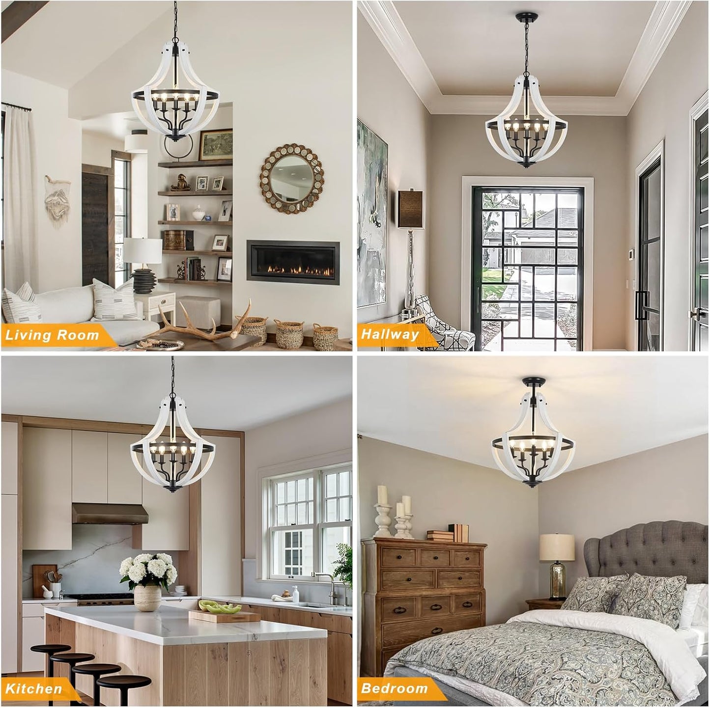 White wood wagon wheel chandelier with black accents over living room sofa
