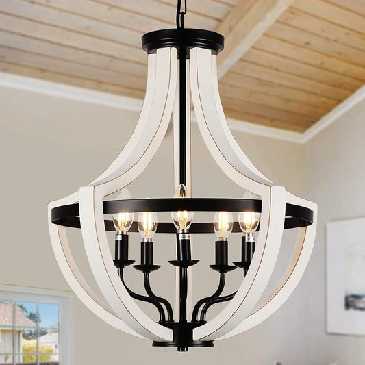 Farmhouse chandelier with white wood frame and black metal accents