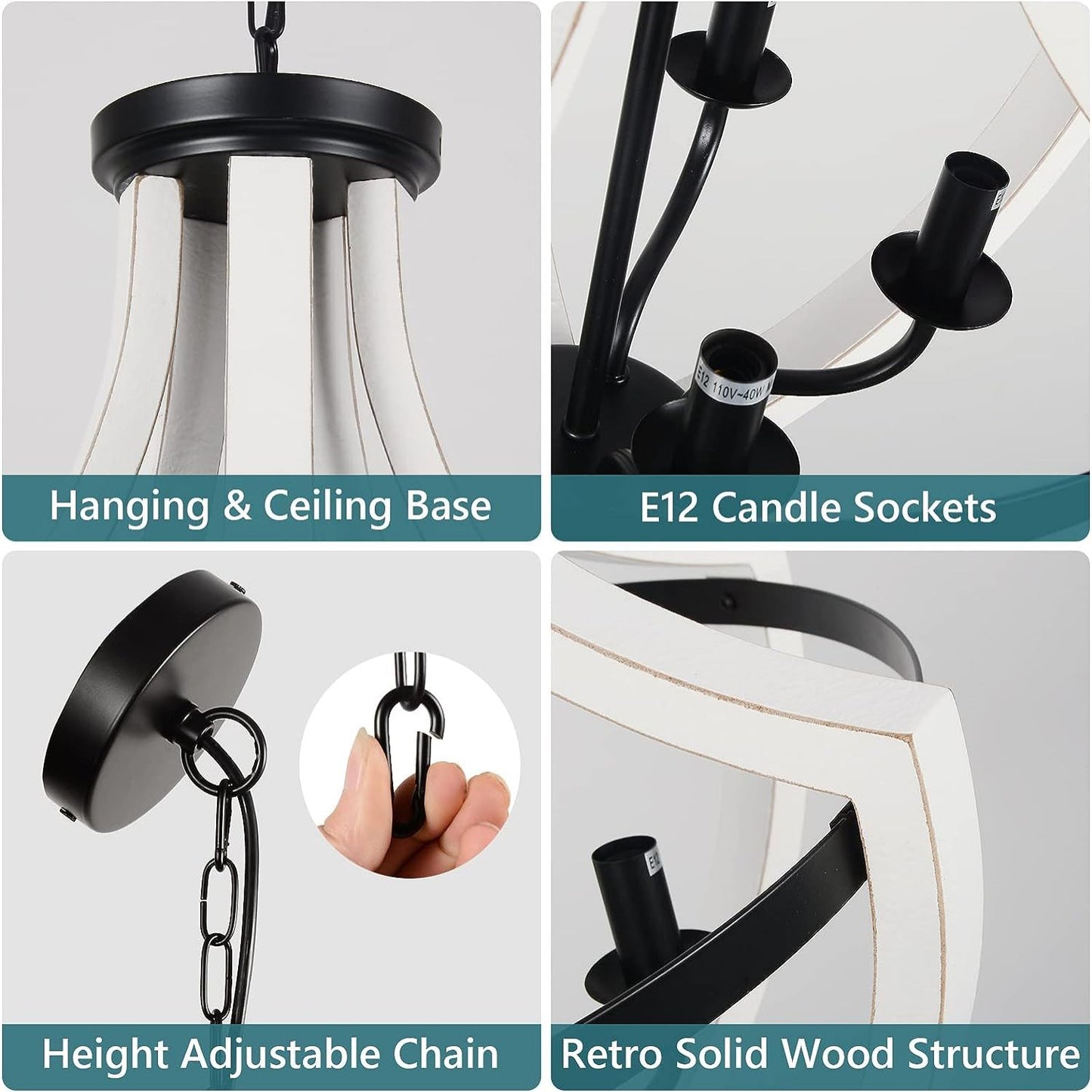 Black metal hanging base with white wood accents for farmhouse chandelier