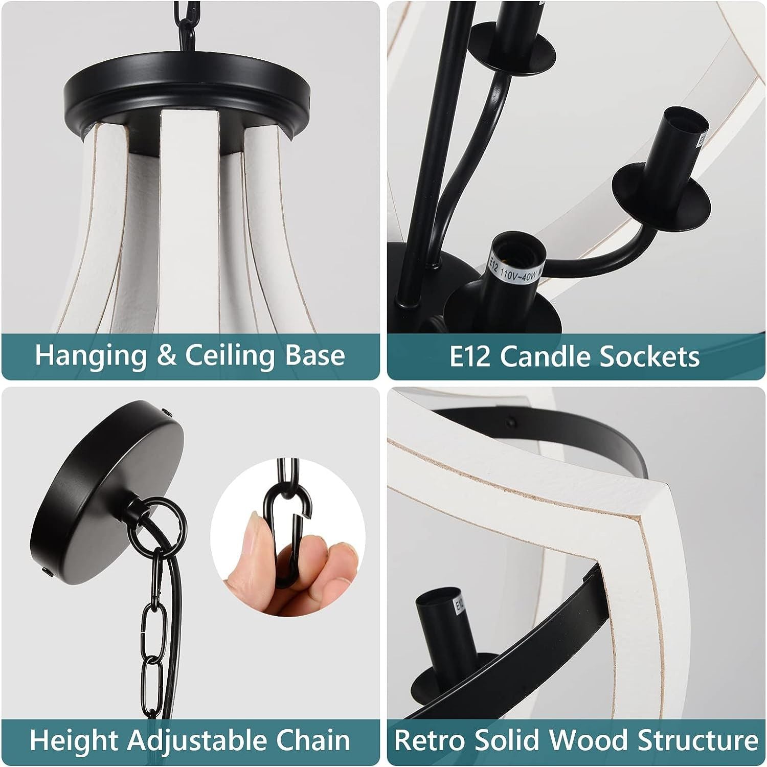 Black metal hanging base with white wood accents for farmhouse chandelier