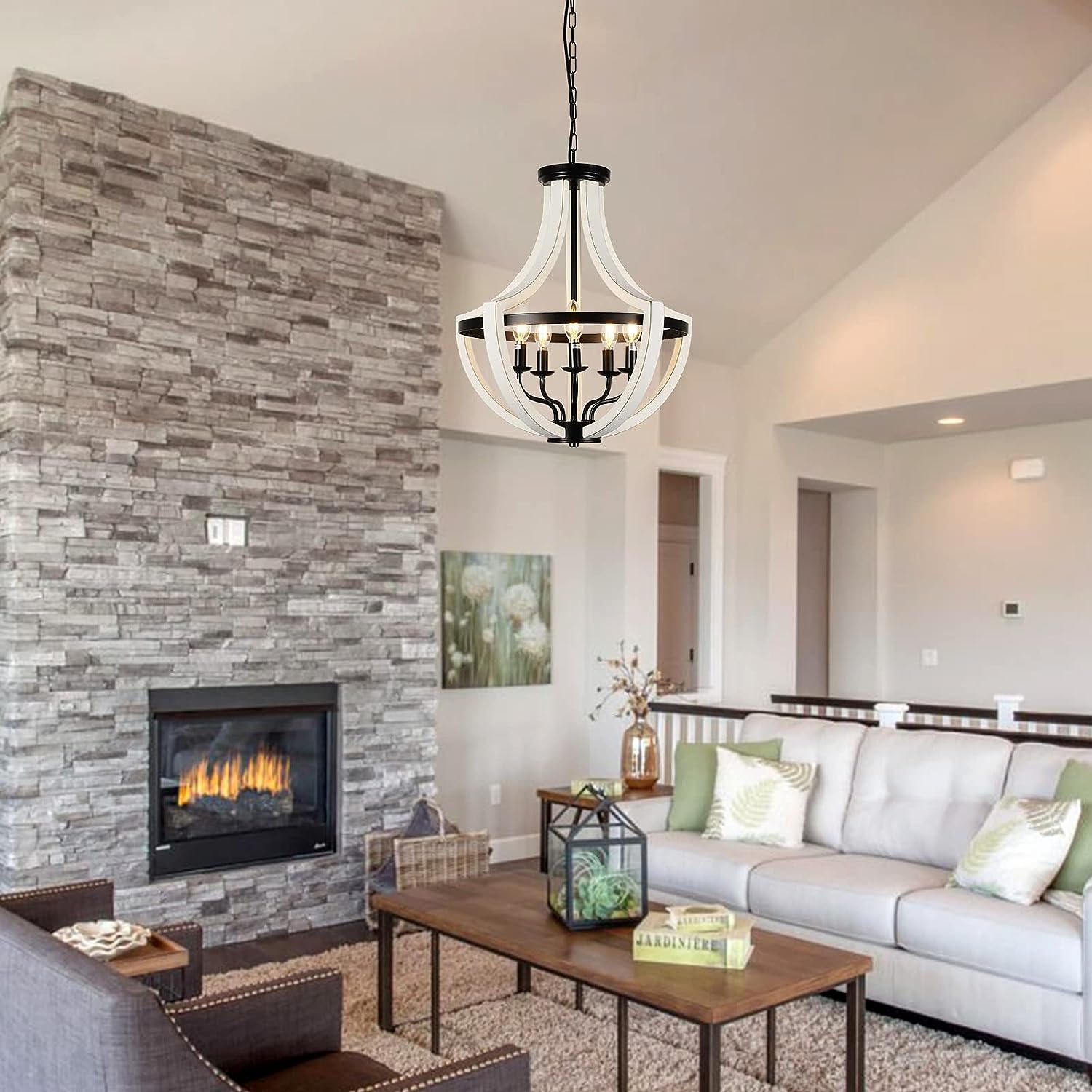 White and black farmhouse chandelier with curved wood accents