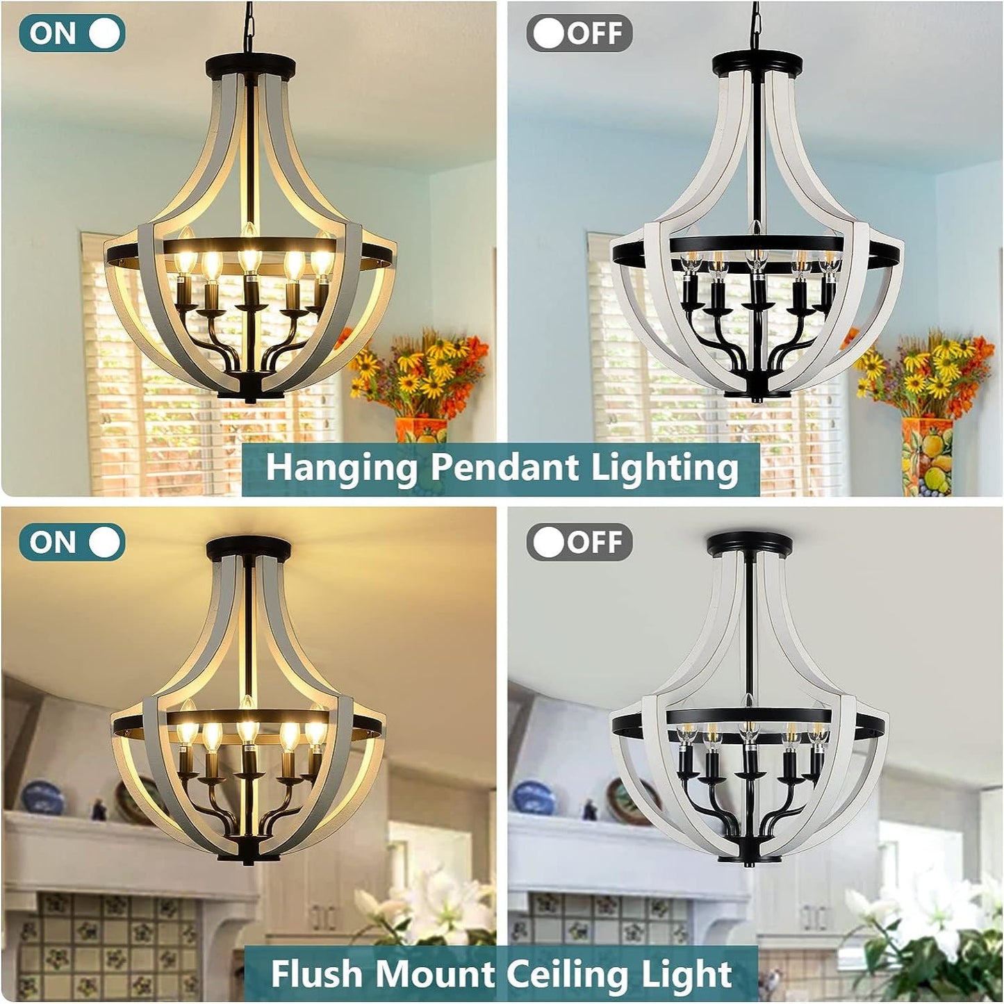 Rustic farmhouse pendant light with white wood and black metal accents