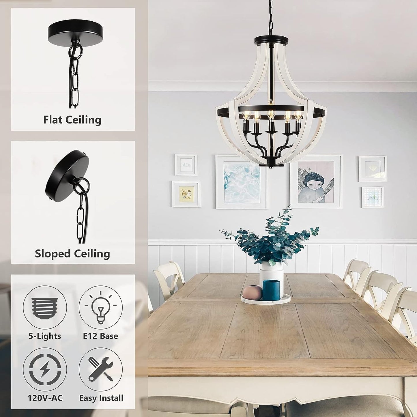 Black and white farmhouse chandelier with  lights