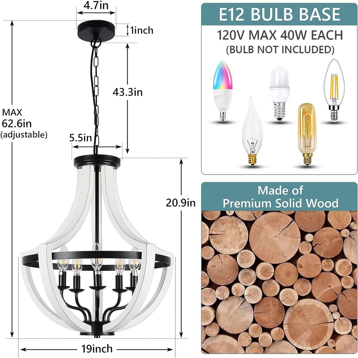 Rustic farmhouse chandelier with white wood and black metal accents