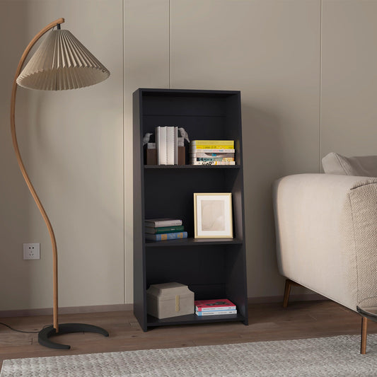 Black leaning bookshelf with decorative items and books