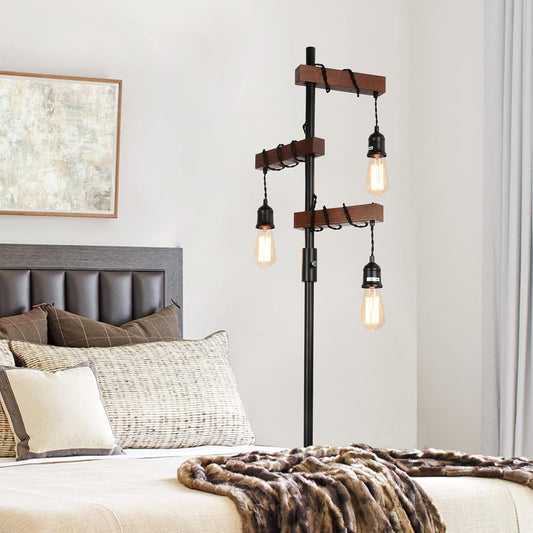 Rustic floor lamp with exposed Edison bulbs and dark wood accents