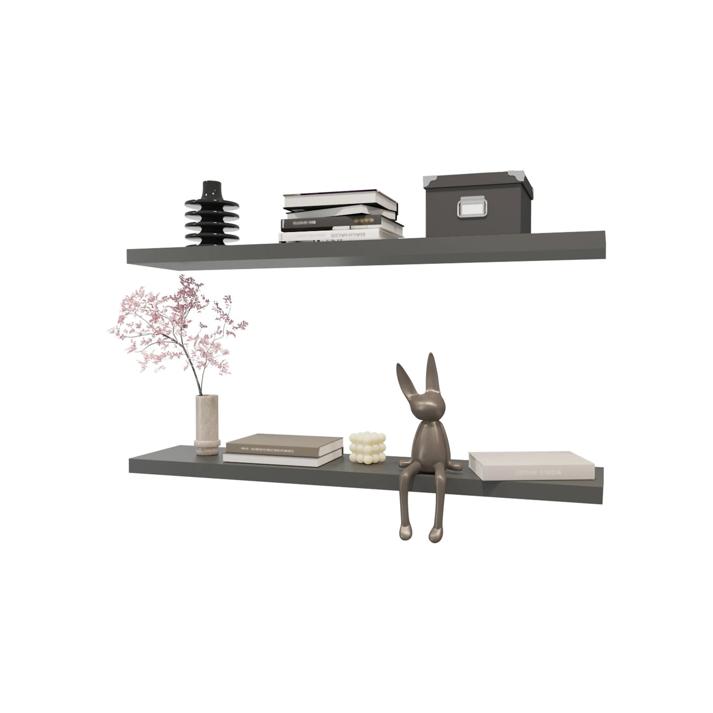 Gray modern floating shelf with decorative black insulator sculpture