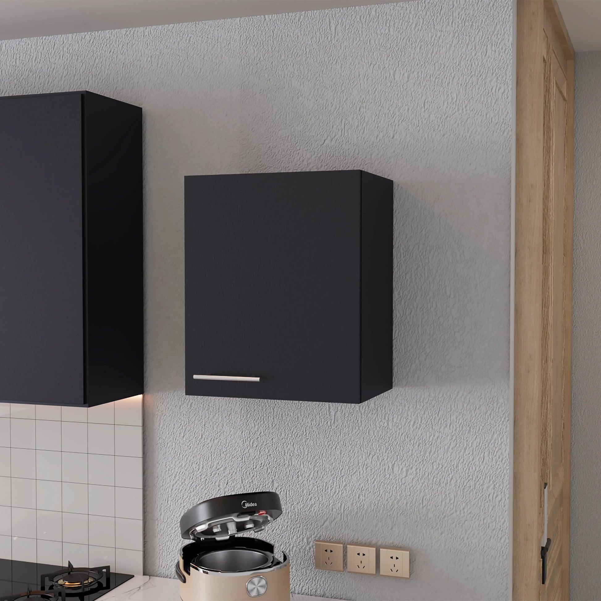 Sleek black wall cabinet with a silver handle