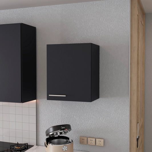Sleek black wall cabinet with a silver handle