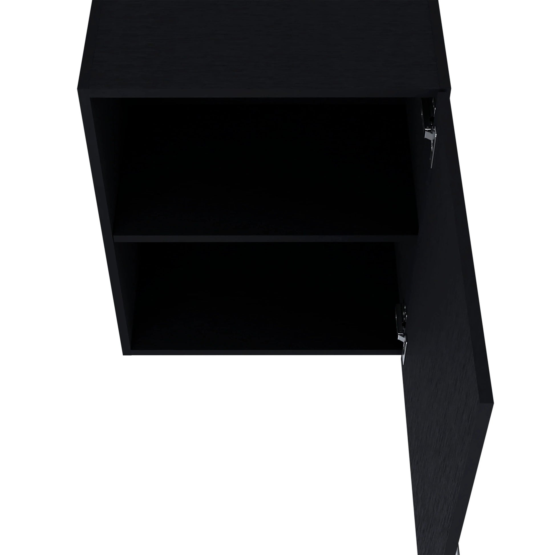 Black wooden wall cabinet with open door and shelf