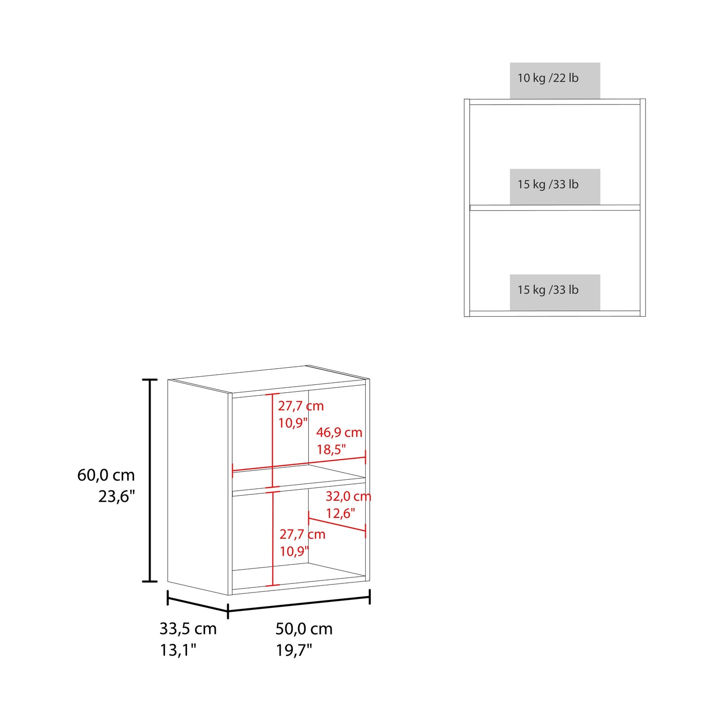 Line drawing of a white modular shelf unit with dimensions and weight capacities indicated