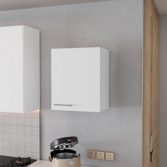 Modern white kitchen cabinet with sleek silver handle