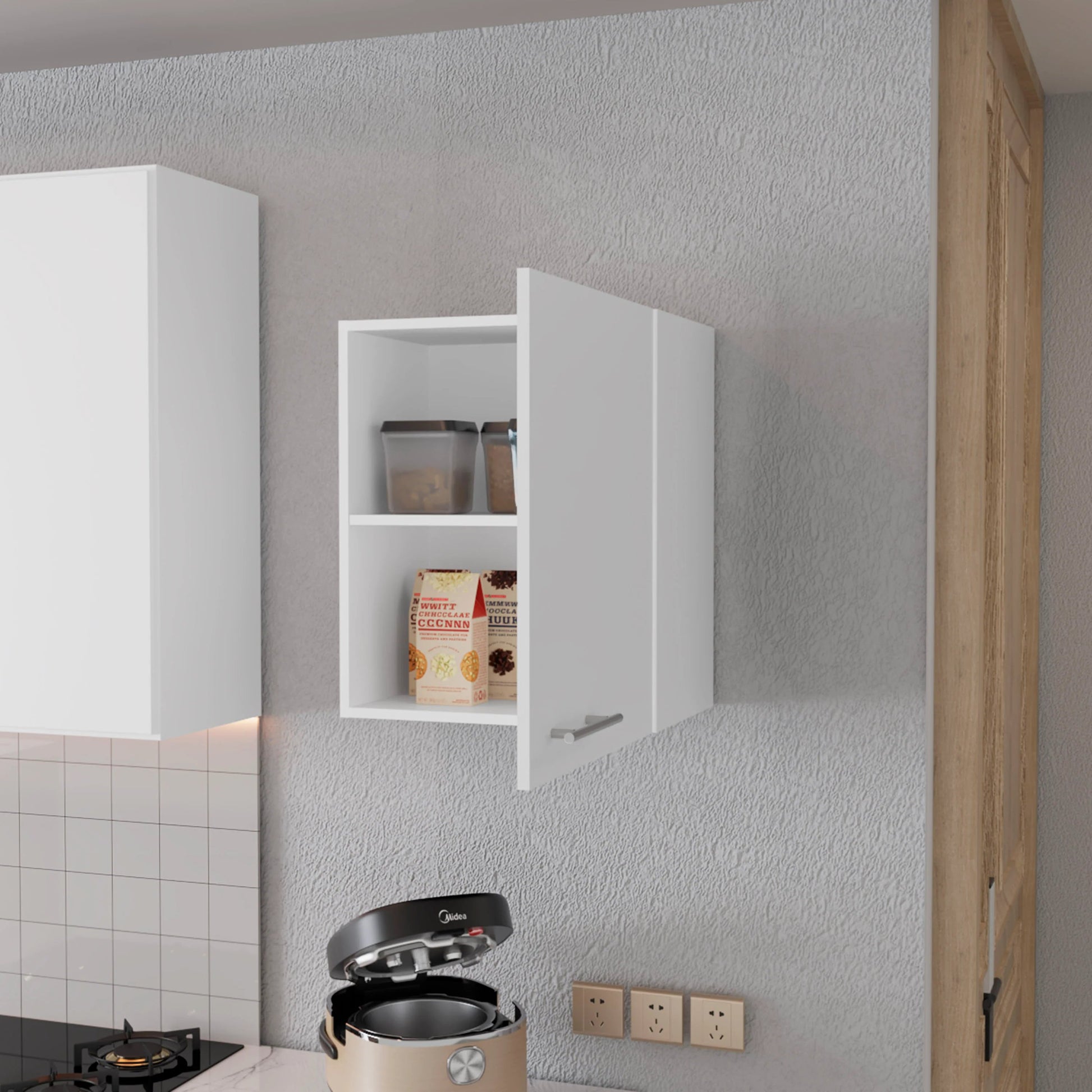 White wall cabinet with silver handle