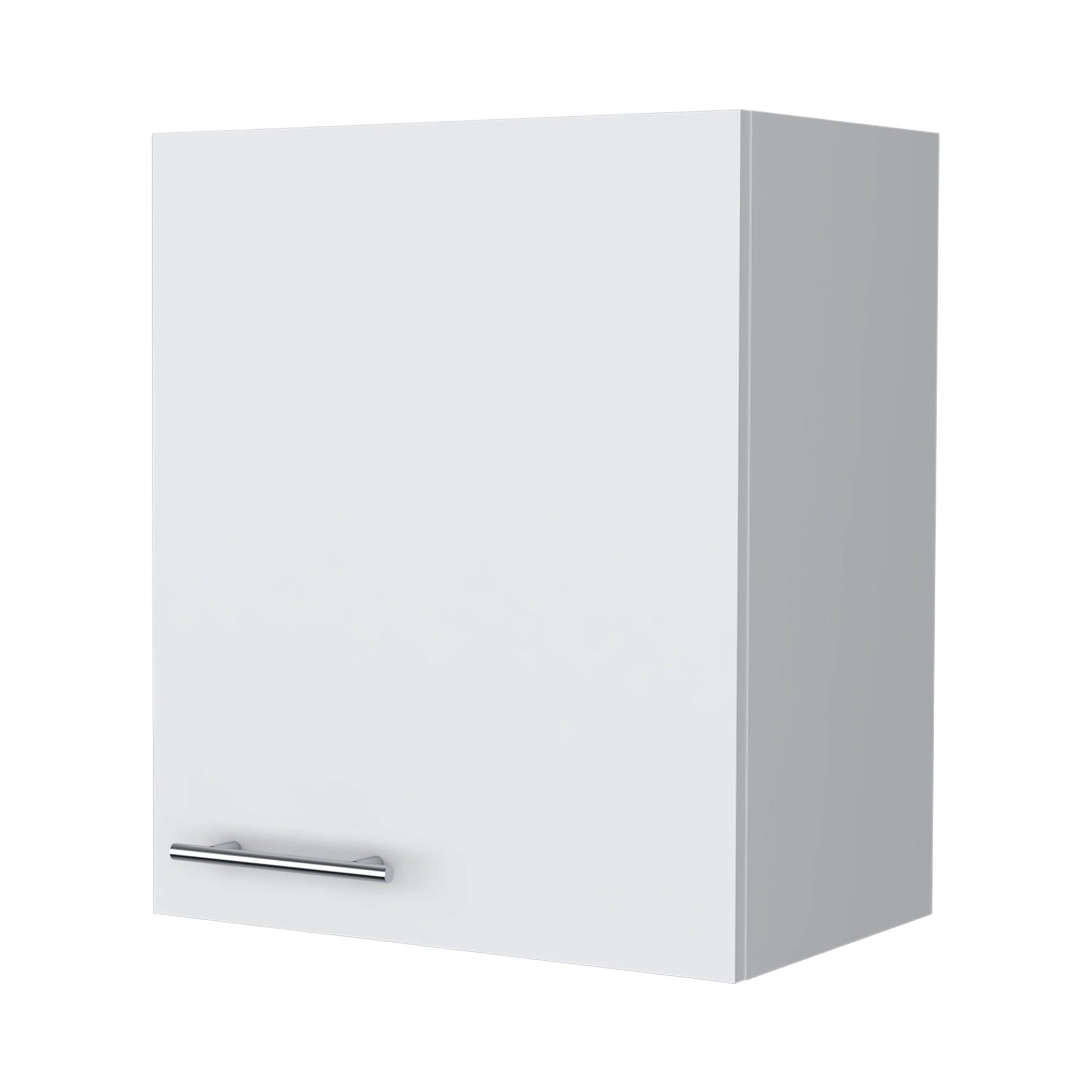 White wall cabinet with silver bar handle