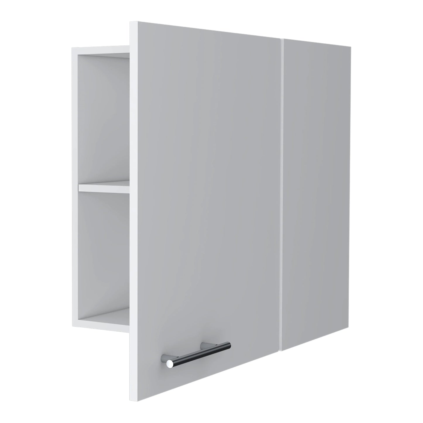 Grey wall cabinet with one door and open shelving