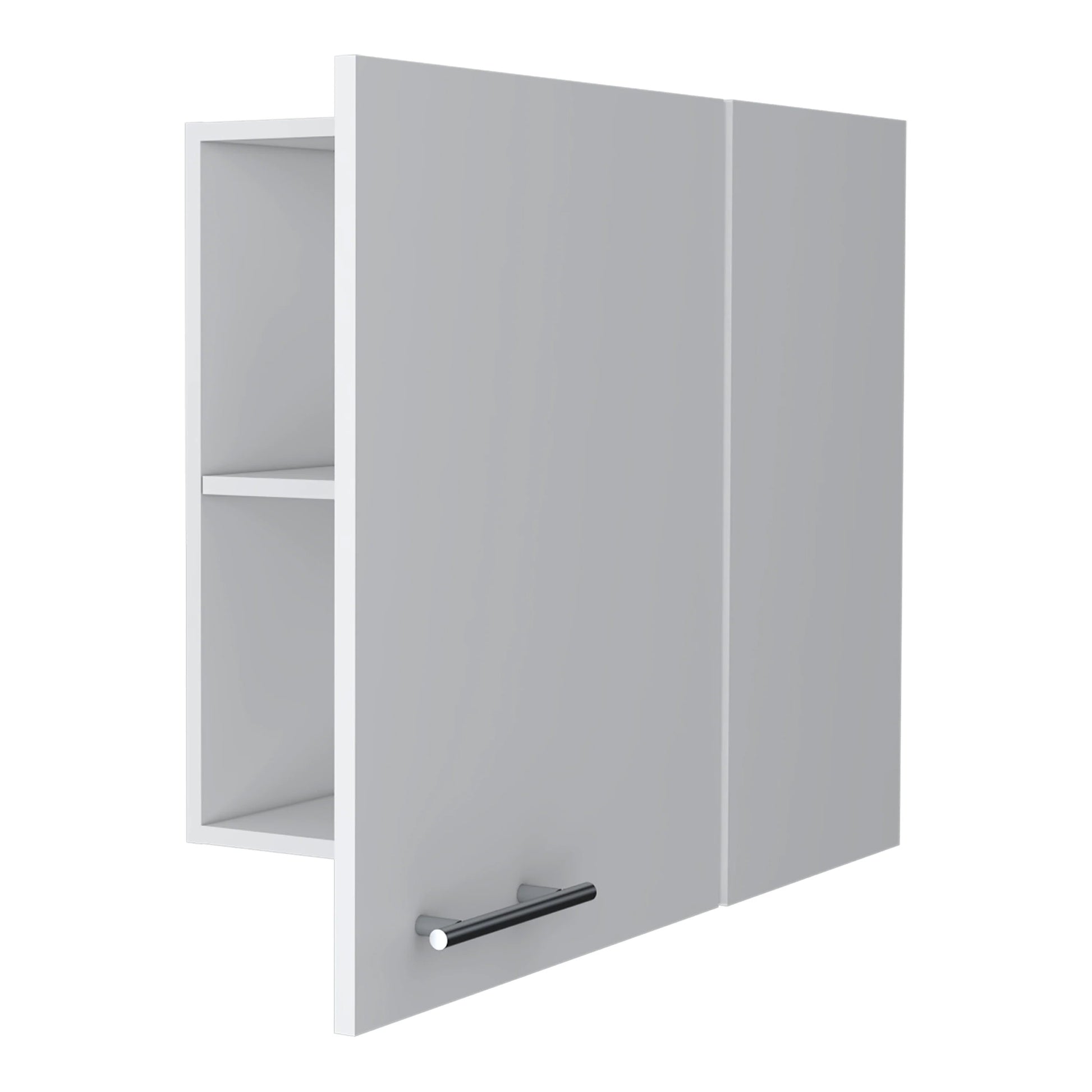 Grey wall cabinet with one door and open shelving