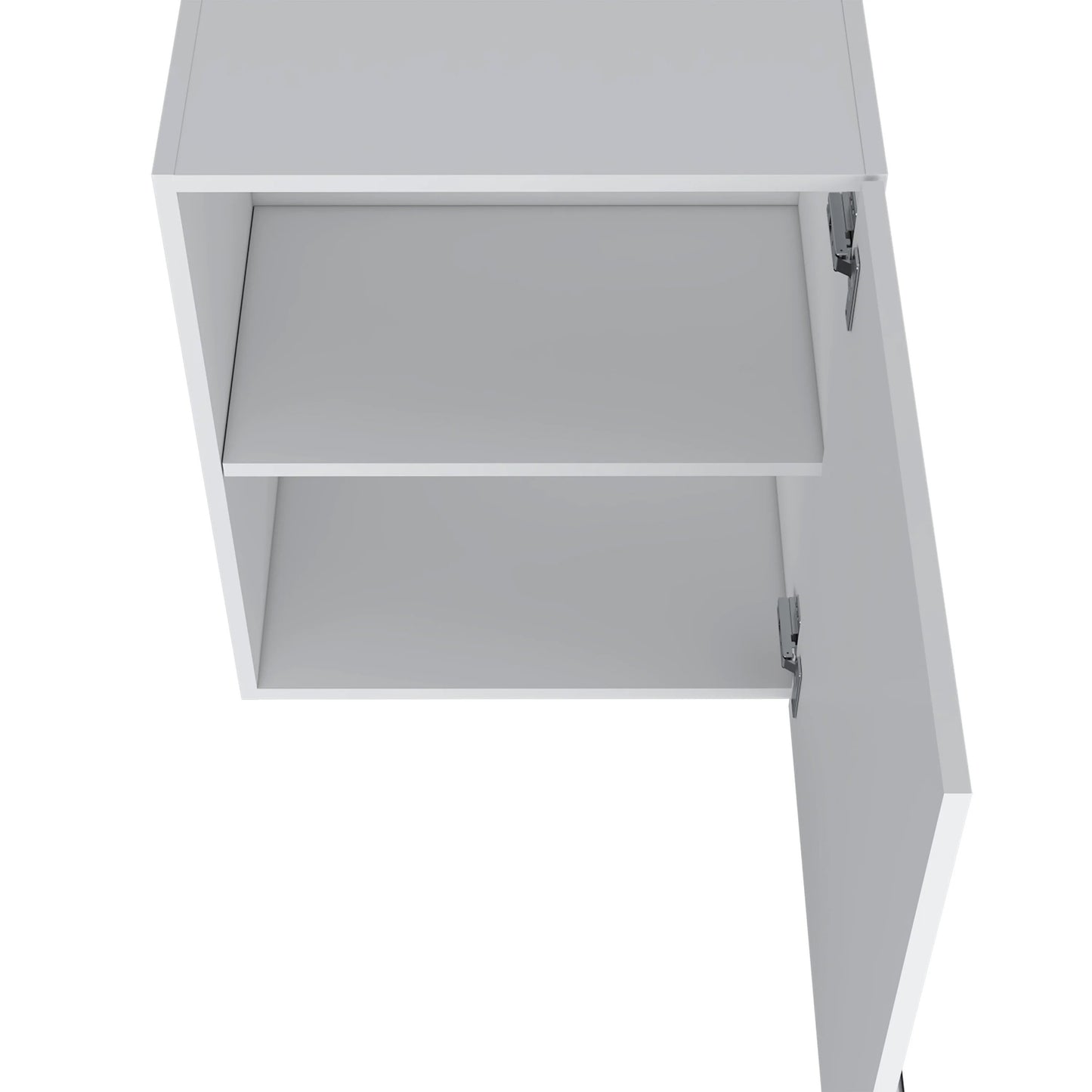 White wallmounted cabinet with one open door and two shelves
