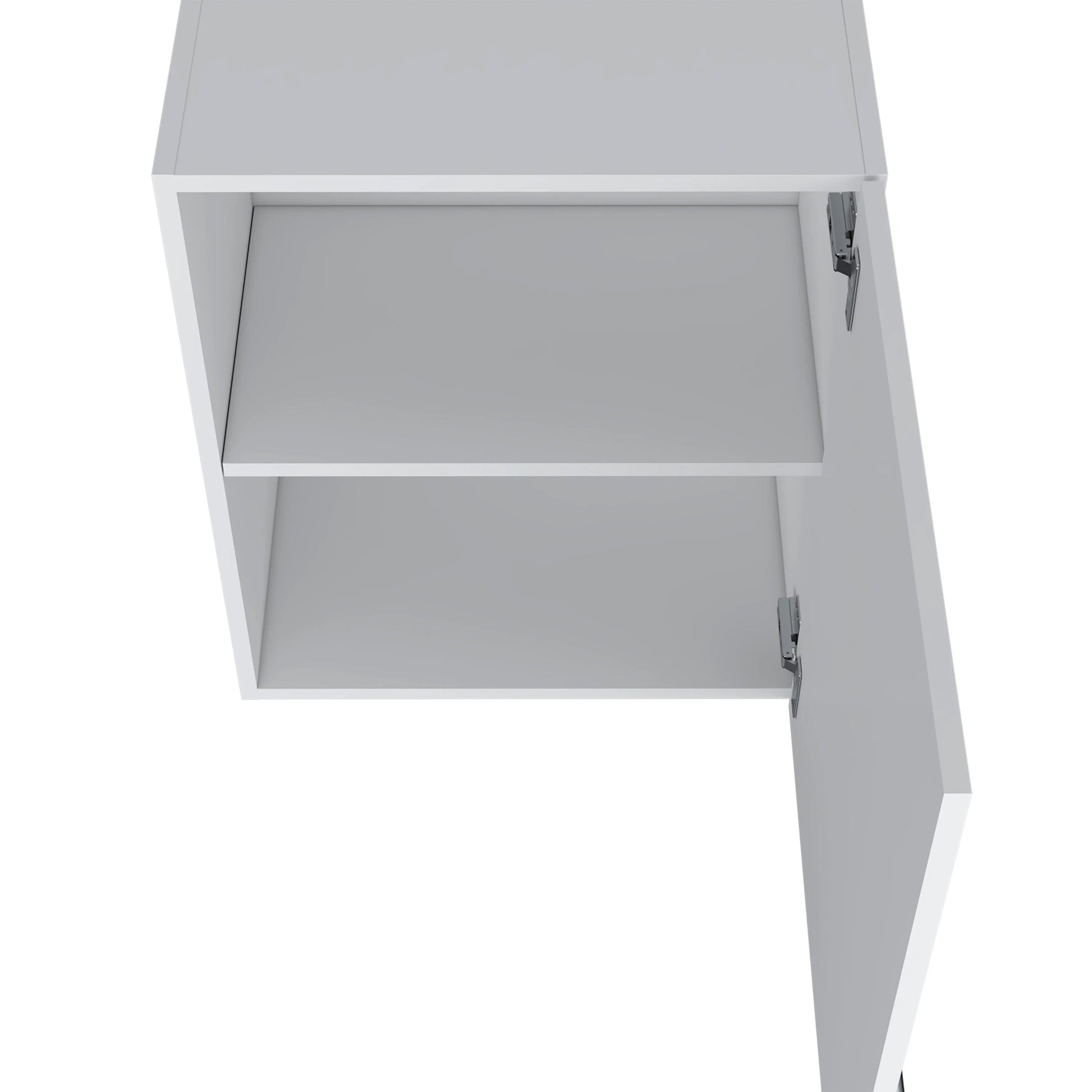 White wallmounted cabinet with one open door and two shelves