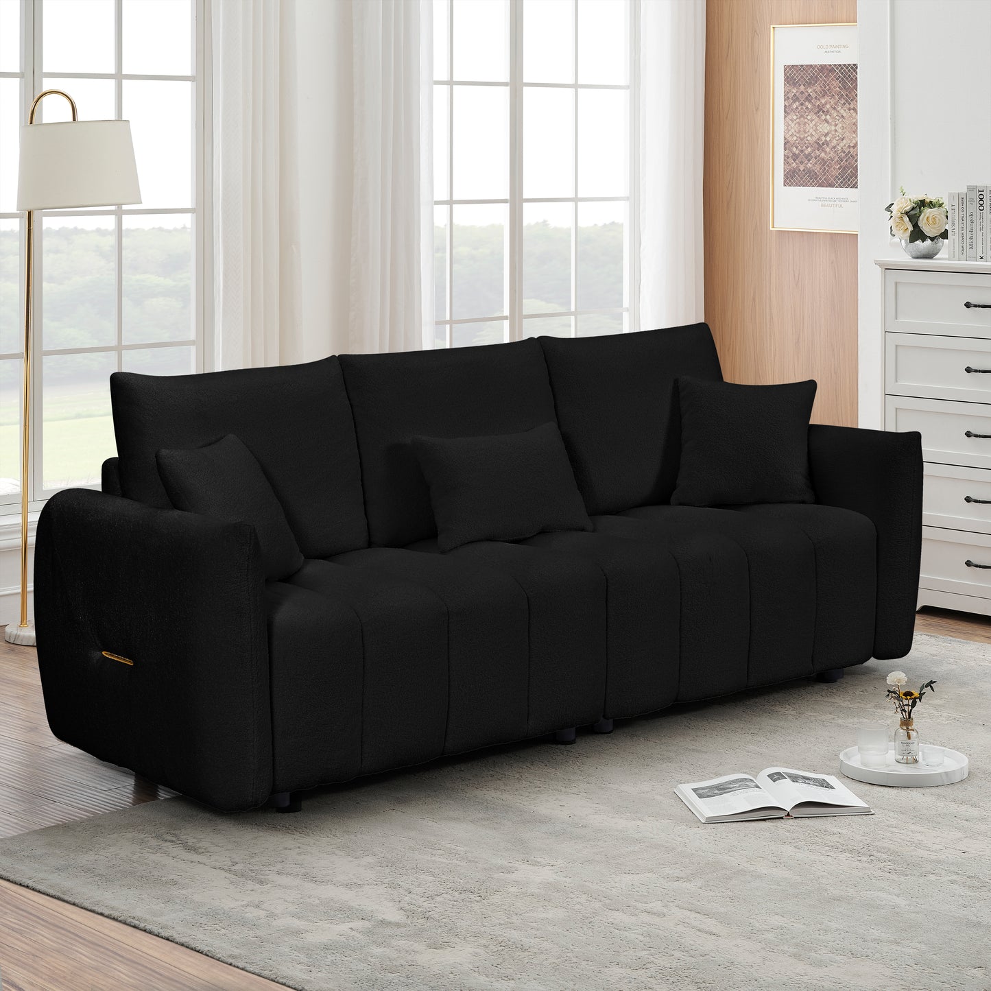 Black plush sofa with plush throw pillows
