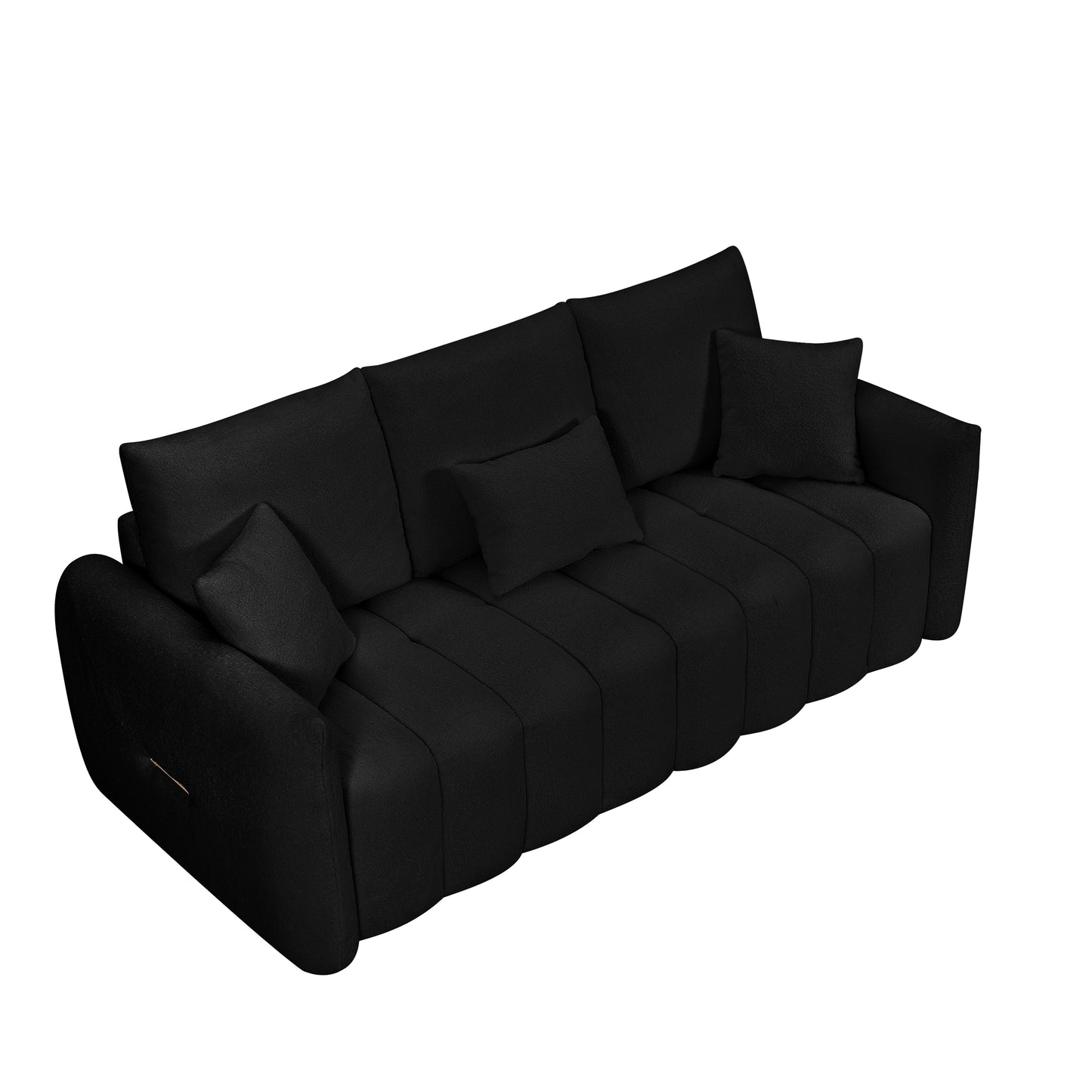 Modern black velvet sofa with plush cushions and piped seams